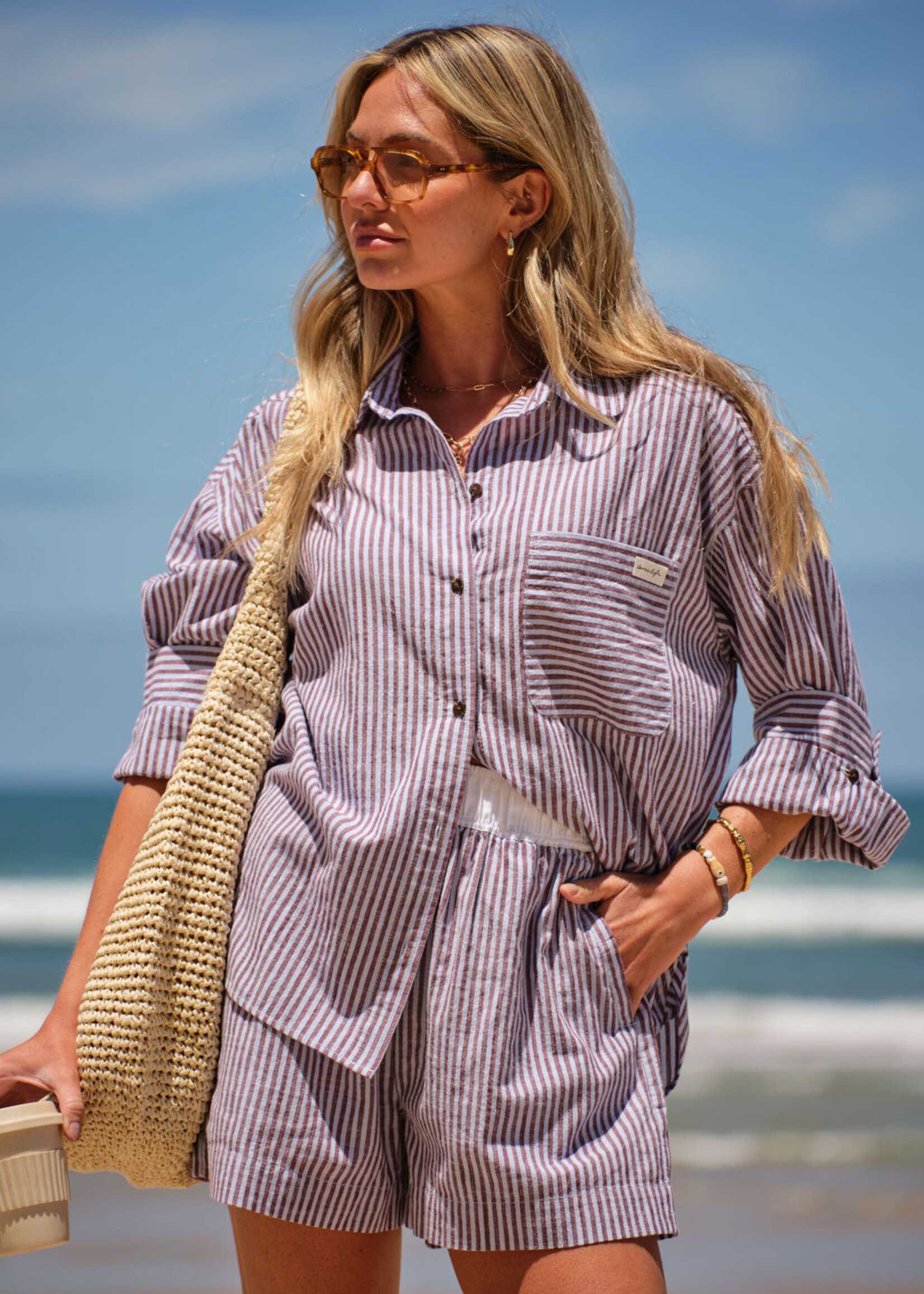 Ceres Life Miya Shirt - Wine Blue Small Stripe