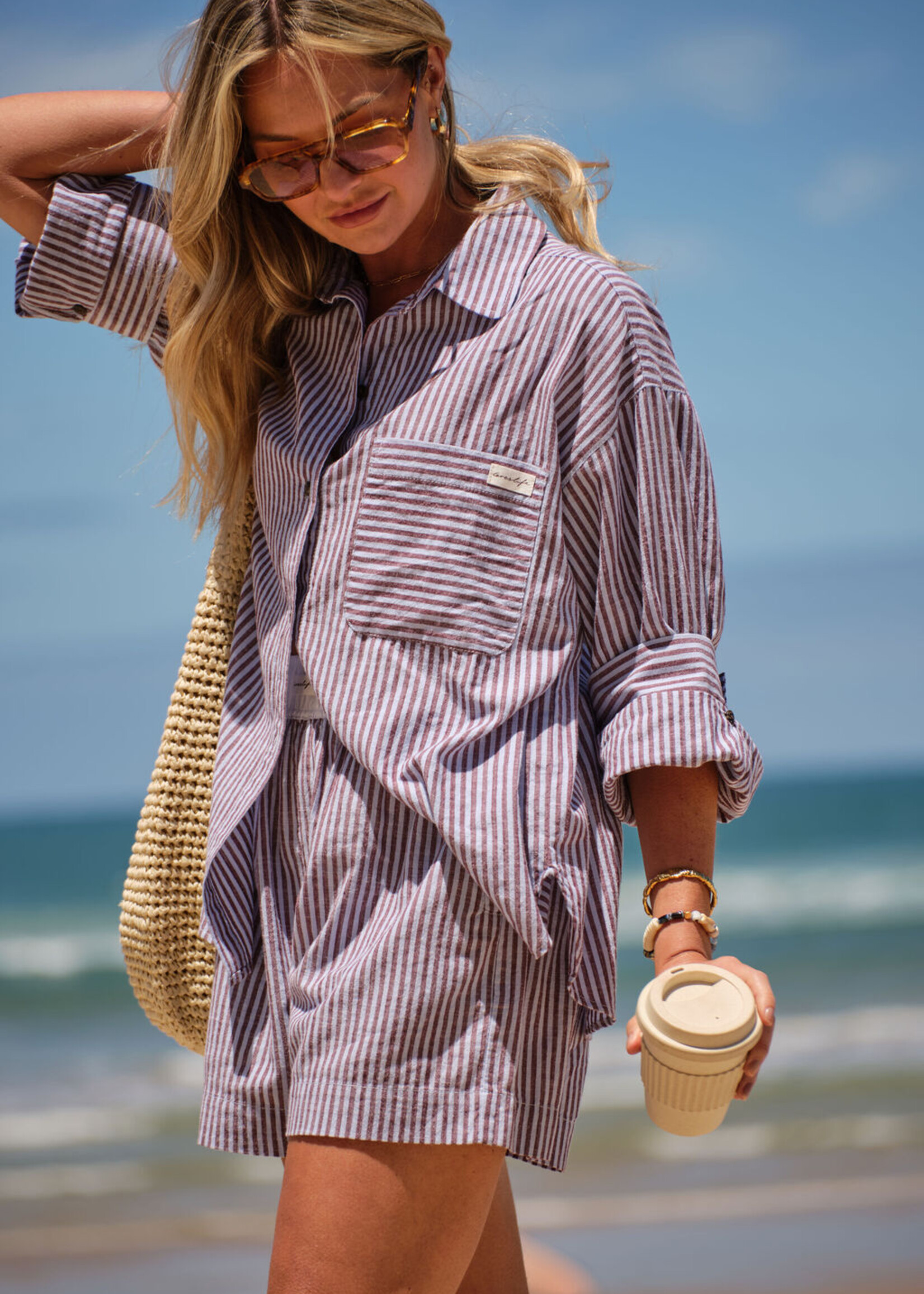 Ceres Life Miya Shirt - Wine Blue Small Stripe