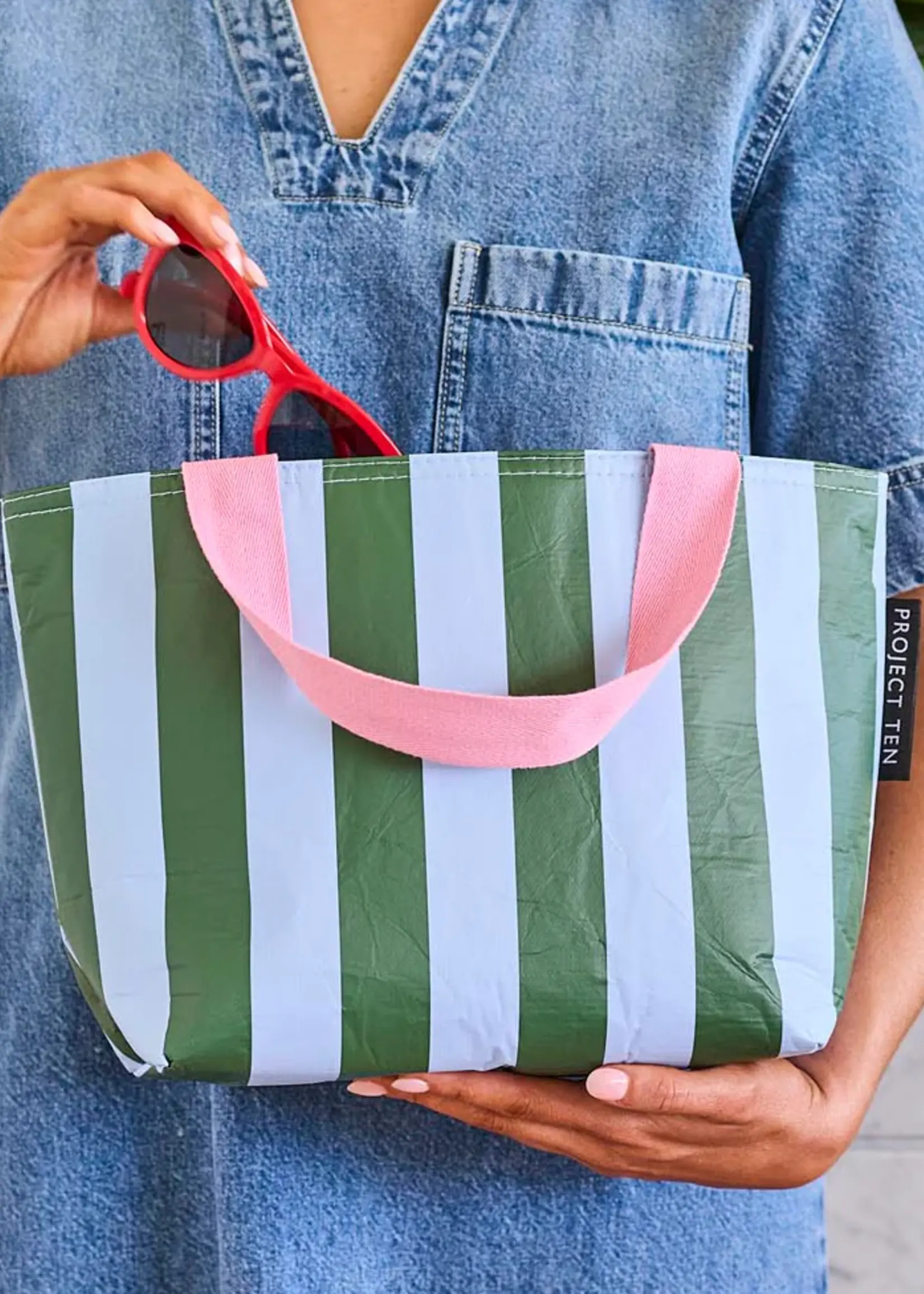 Mini Tote - Green Blue Stripe