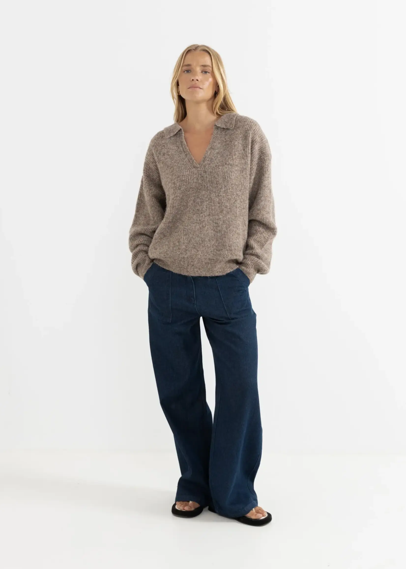 Rhythm Quinn V- Neck Collared Jumper - Oatmeal