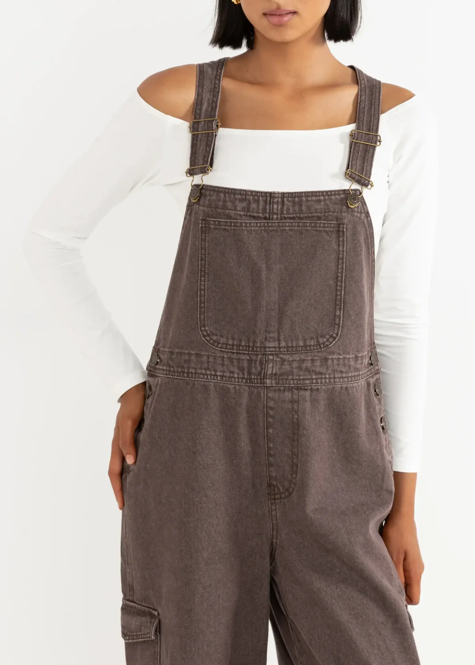 Rhythm Charlie Wide Leg Cargo Overalls - Chocolate