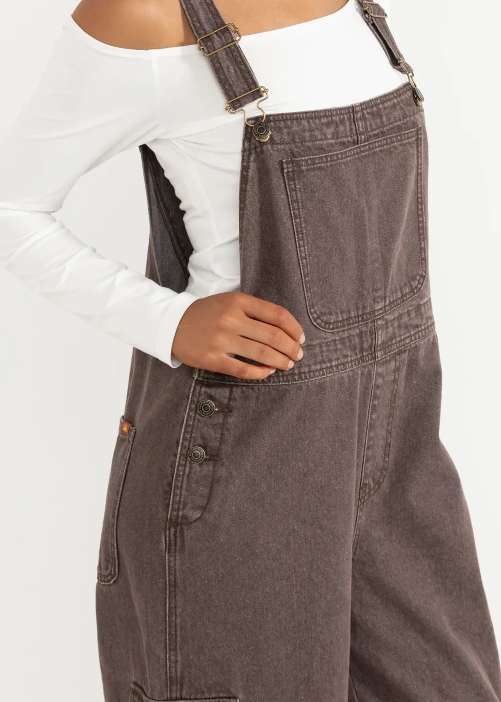 Rhythm Charlie Wide Leg Cargo Overalls - Chocolate