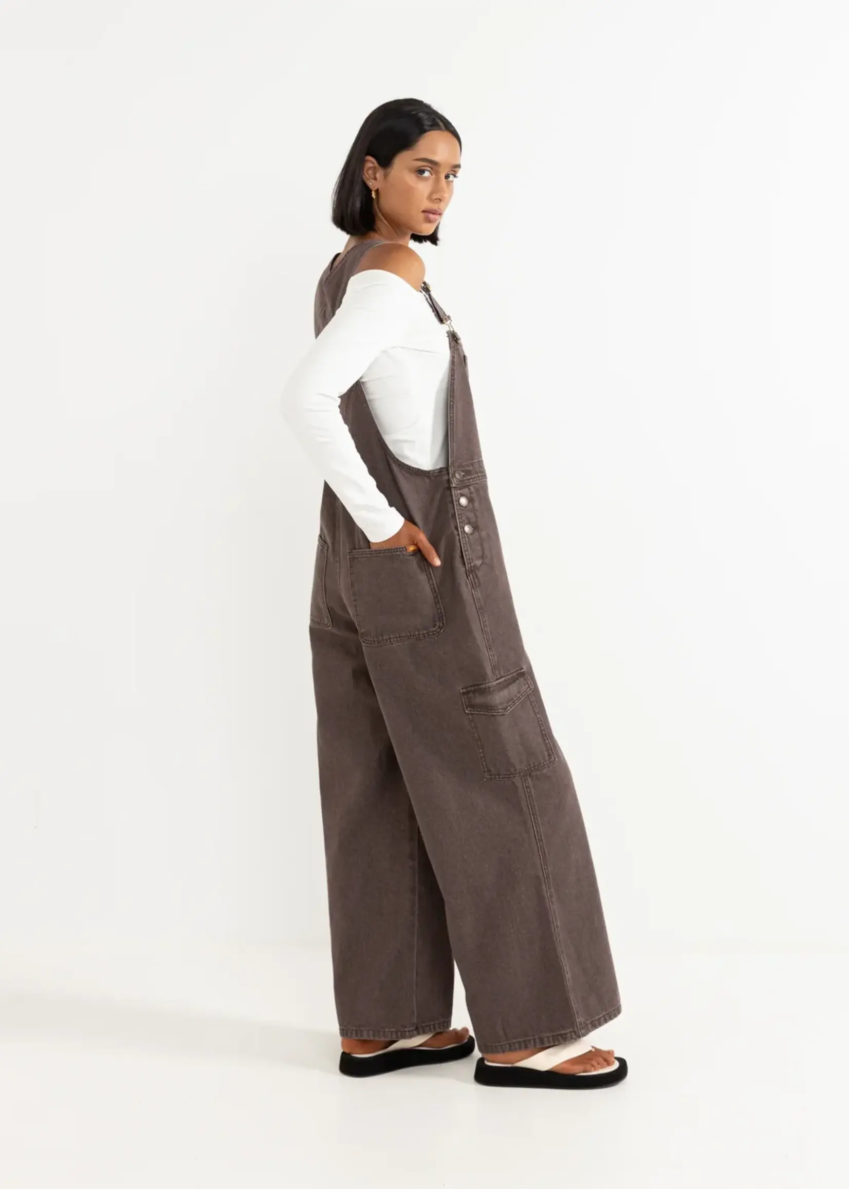 Rhythm Charlie Wide Leg Cargo Overalls - Chocolate