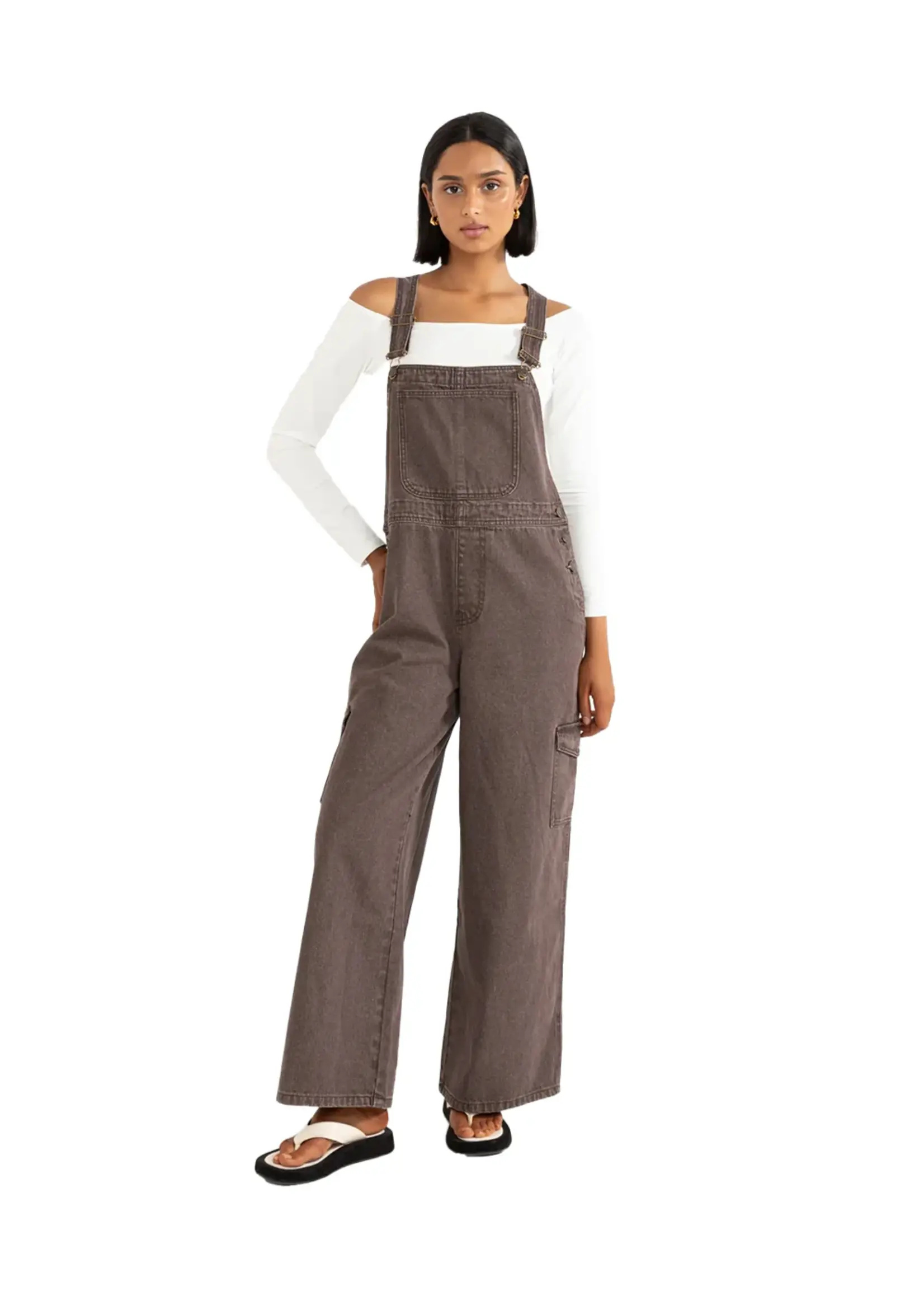 Rhythm Charlie Wide Leg Cargo Overalls - Chocolate