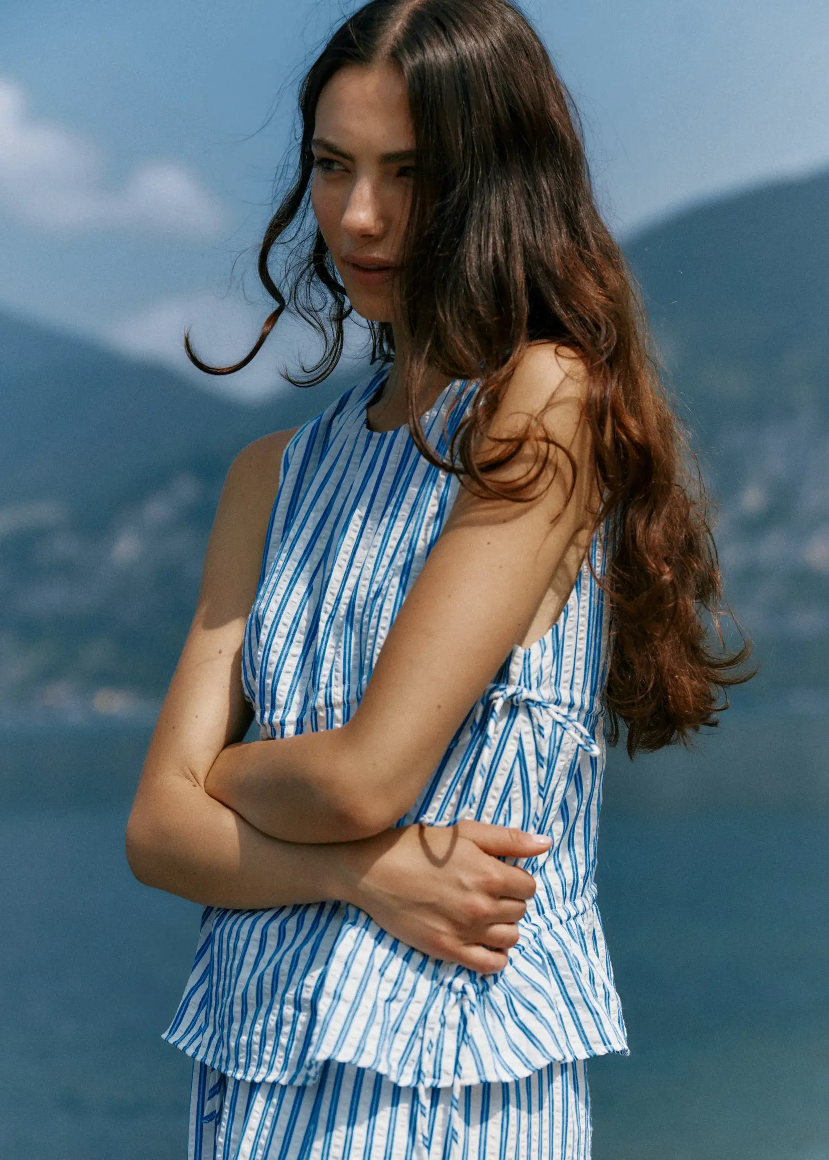 Sass Aziza Gathered Tie Top - Blue/White Stripe