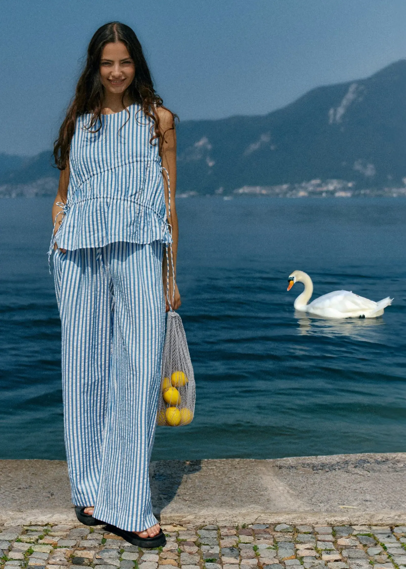 Sass Aziza Gathered Tie Top - Blue/White Stripe