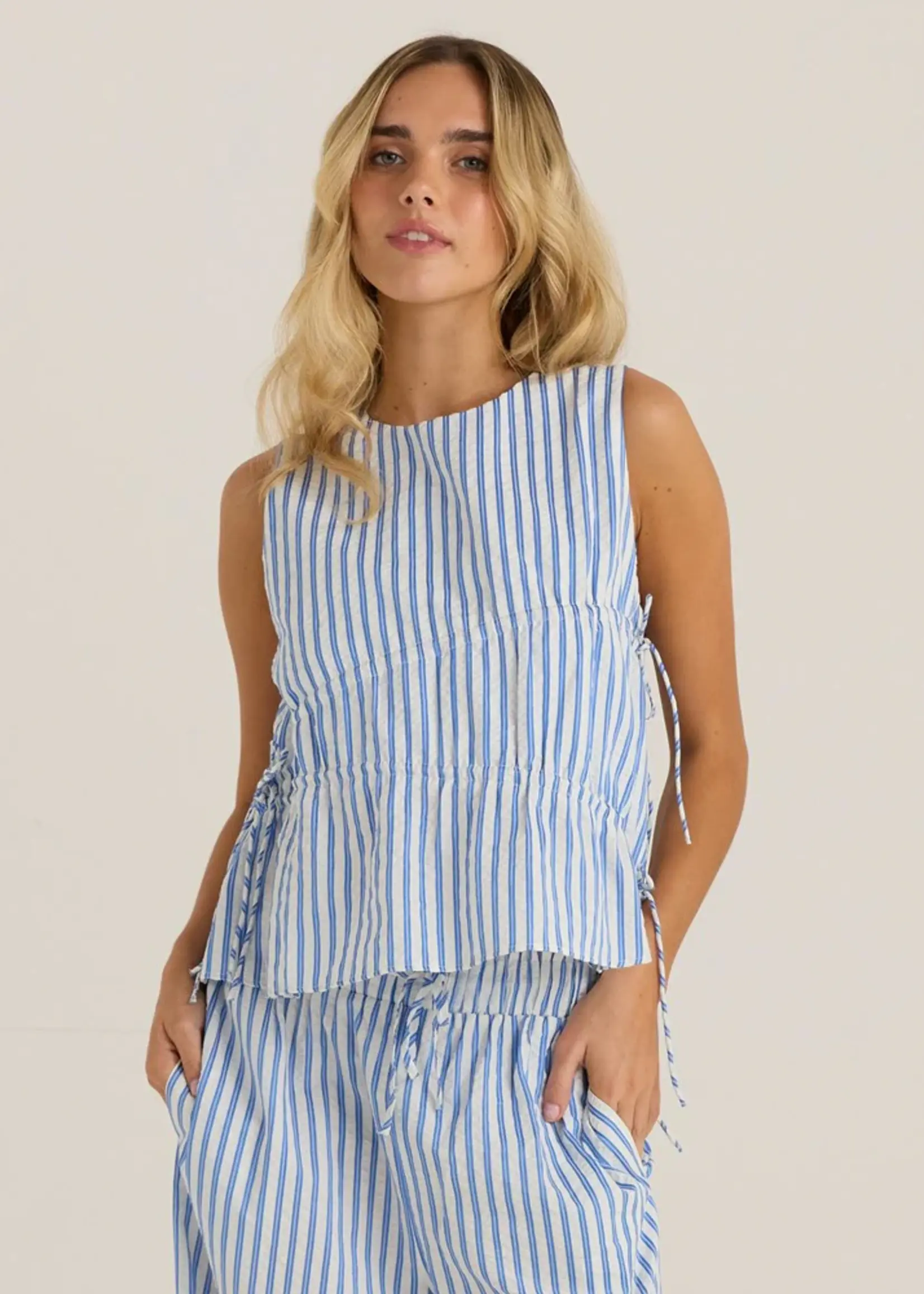 Sass Aziza Gathered Tie Top - Blue/White Stripe