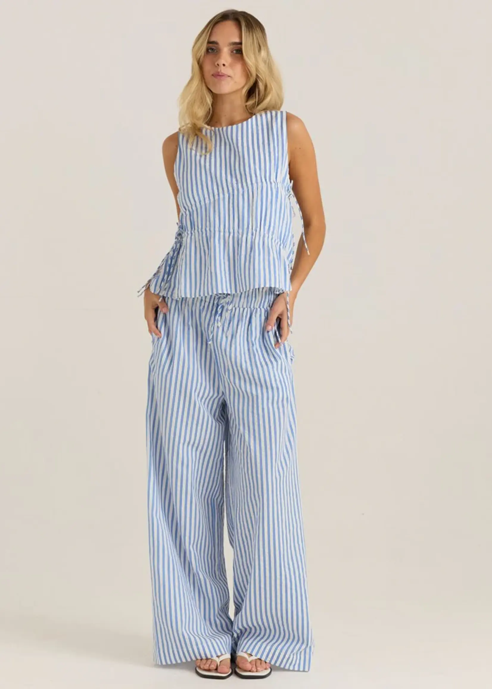 Sass Aziza Gathered Tie Top - Blue/White Stripe