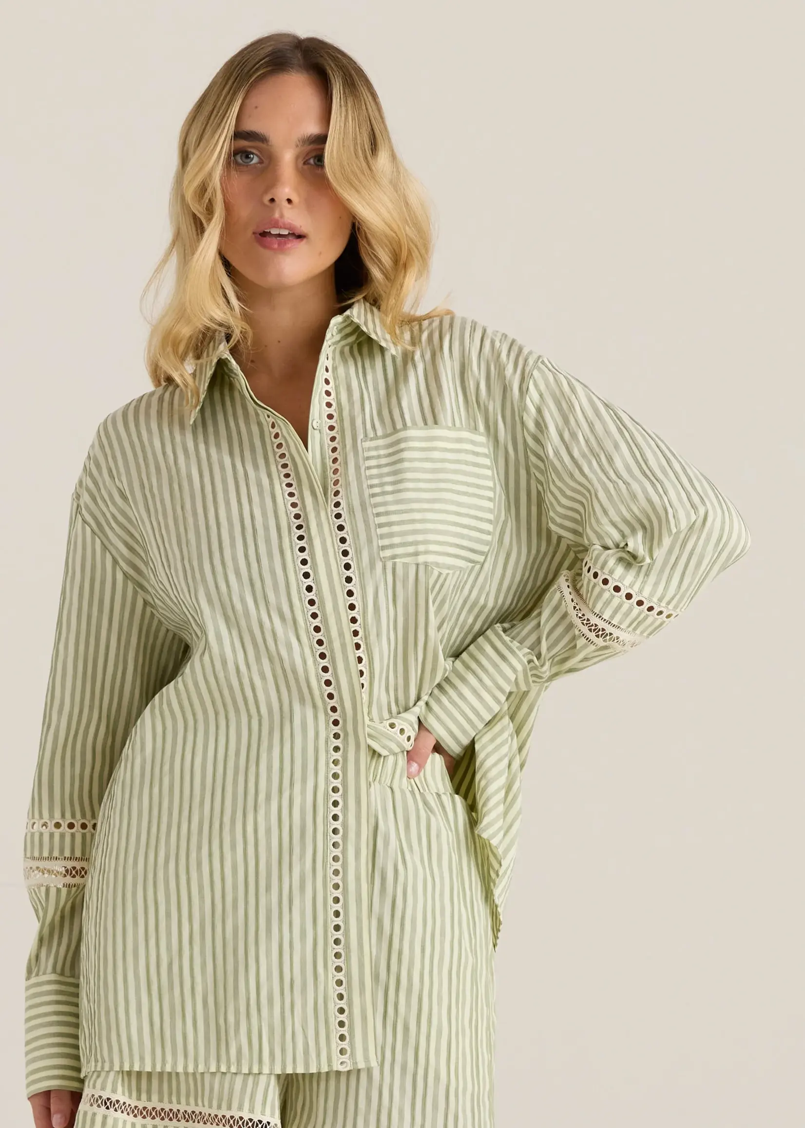 Sass Nerida Trim Shirt - Olive Cream Stripe