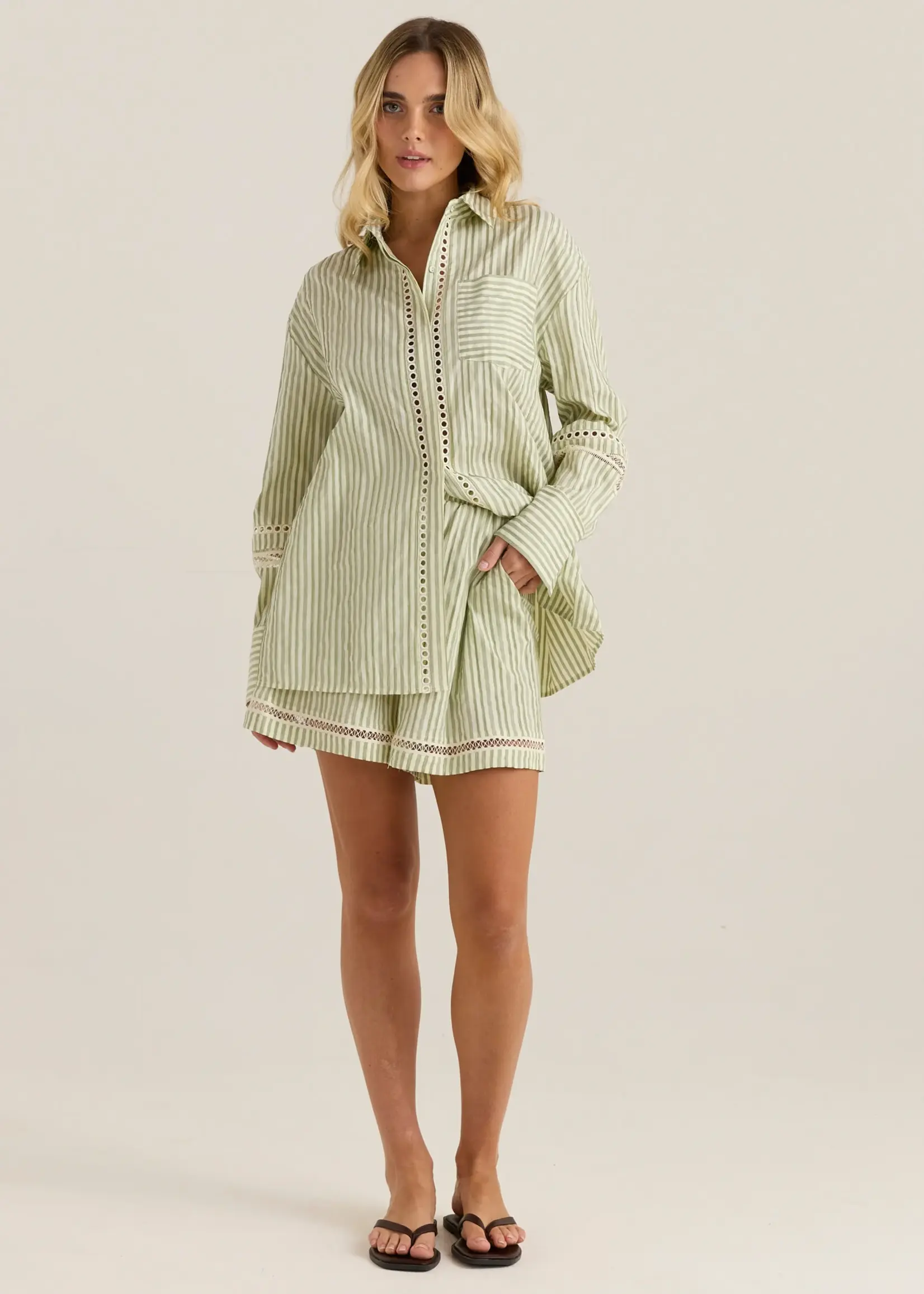 Sass Nerida Trim Shirt - Olive Cream Stripe