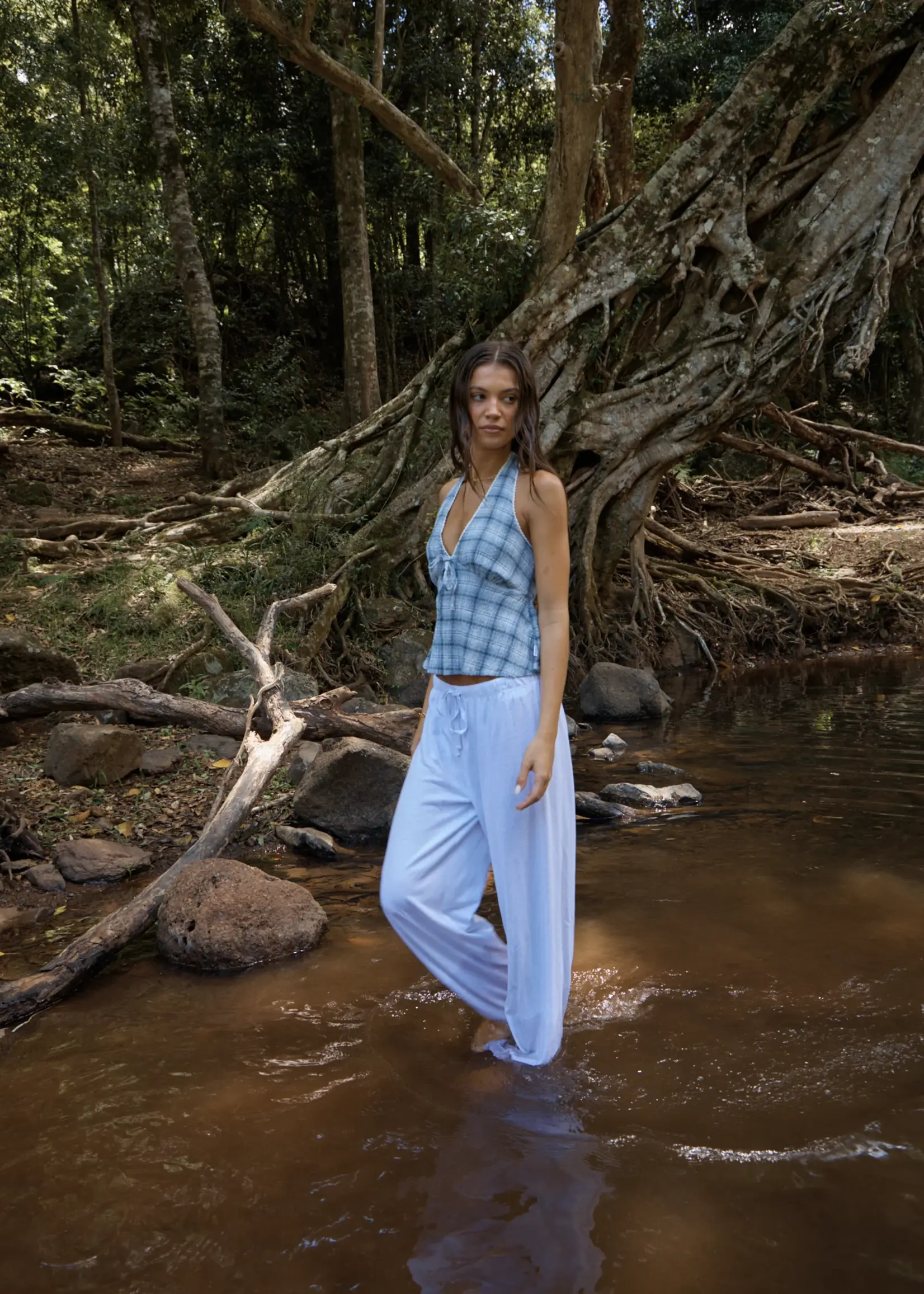 Afends Lagoon Seersucker Halter Top - Overcast Check