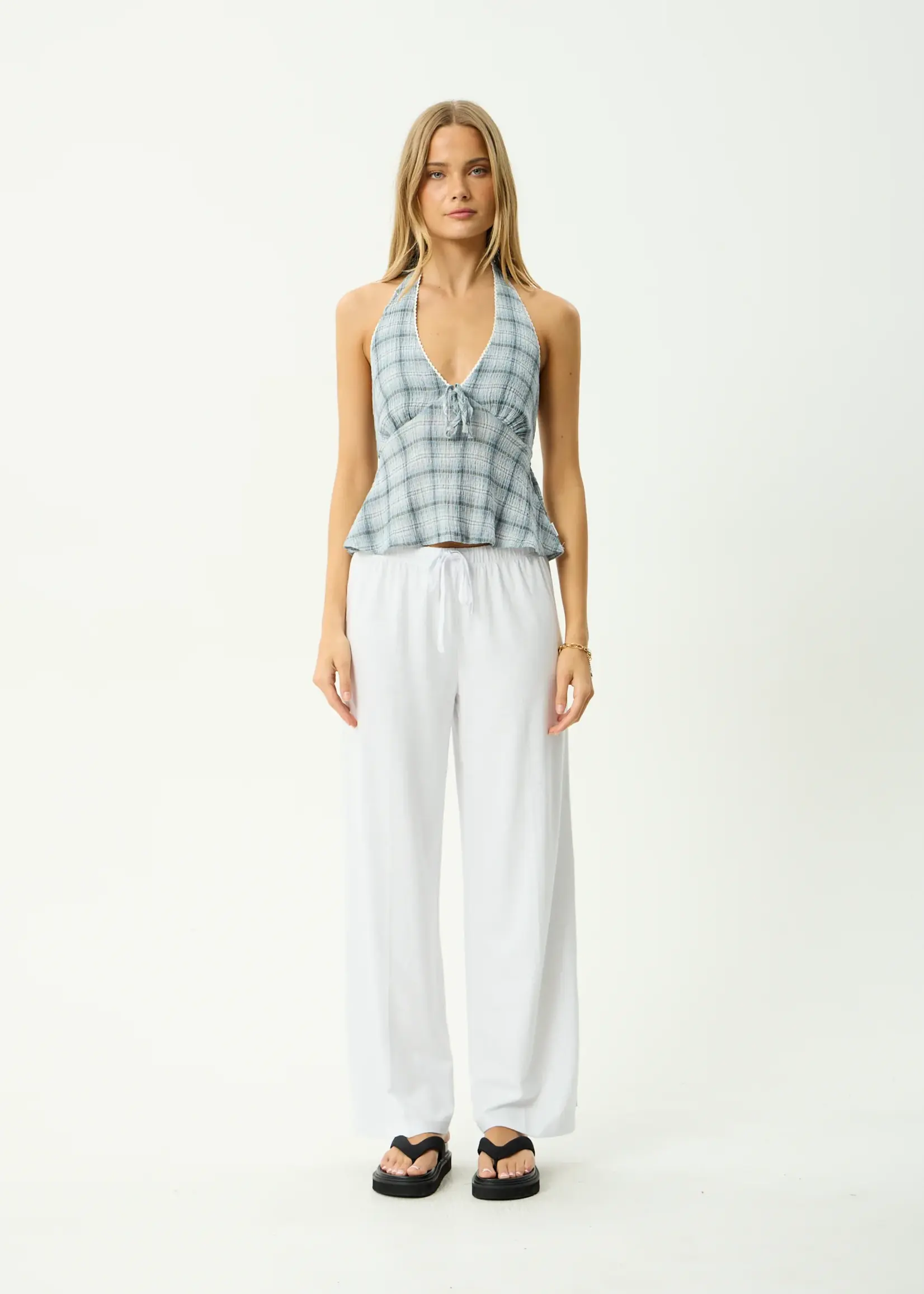 Afends Lagoon Seersucker Halter Top - Overcast Check