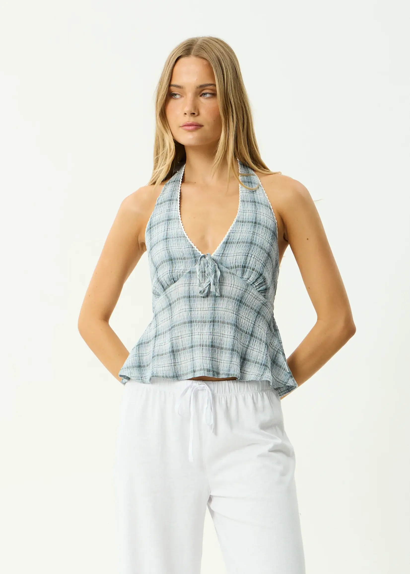Afends Lagoon Seersucker Halter Top - Overcast Check