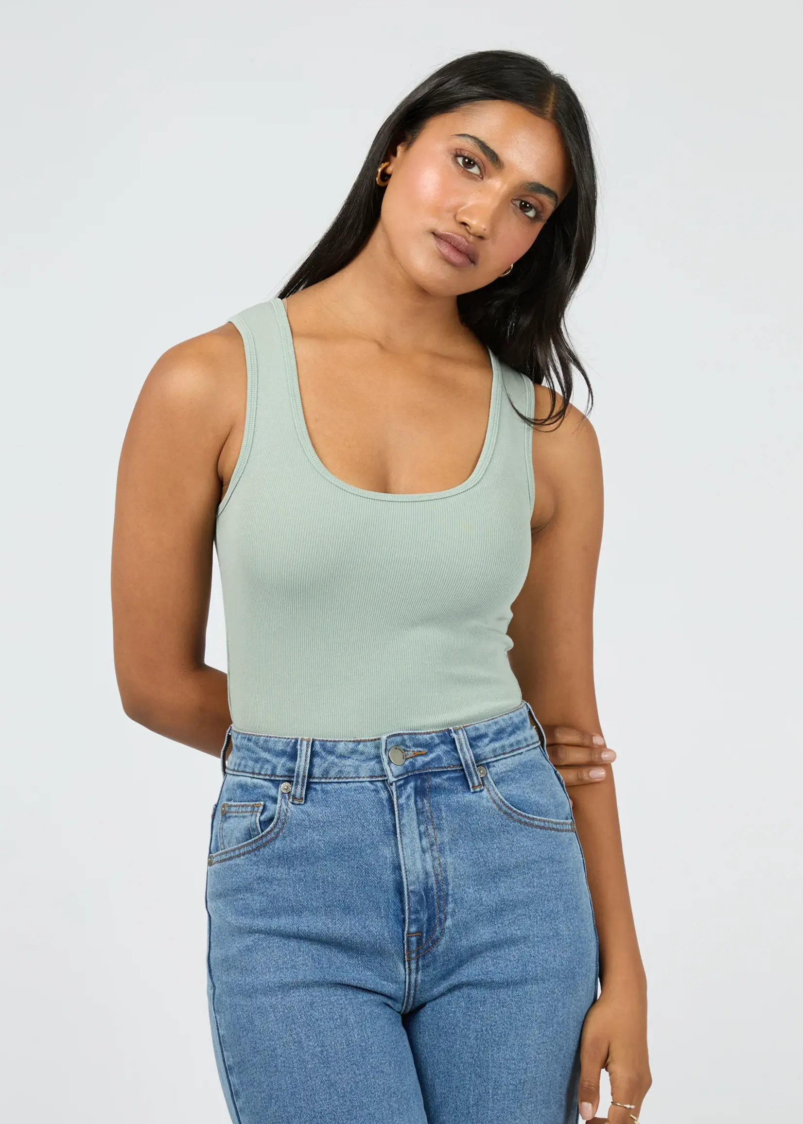 Washed Rib Scoop Neck Tank - Sage