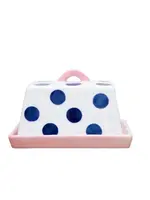 Large Butter Dish - Navy Dots with Pink Handle & Tray