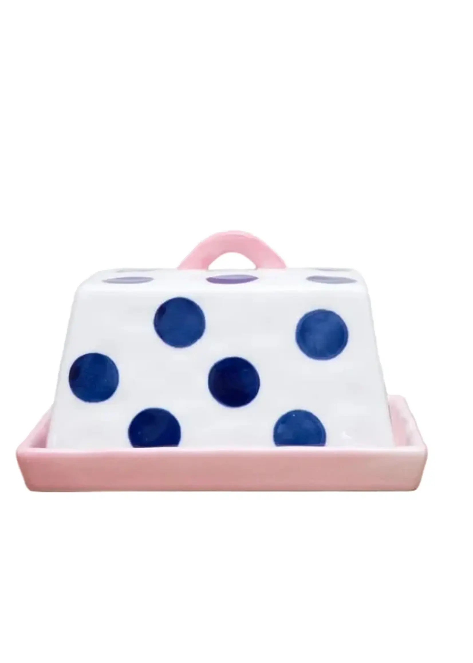 Large Butter Dish - Navy Dots with Pink Handle & Tray
