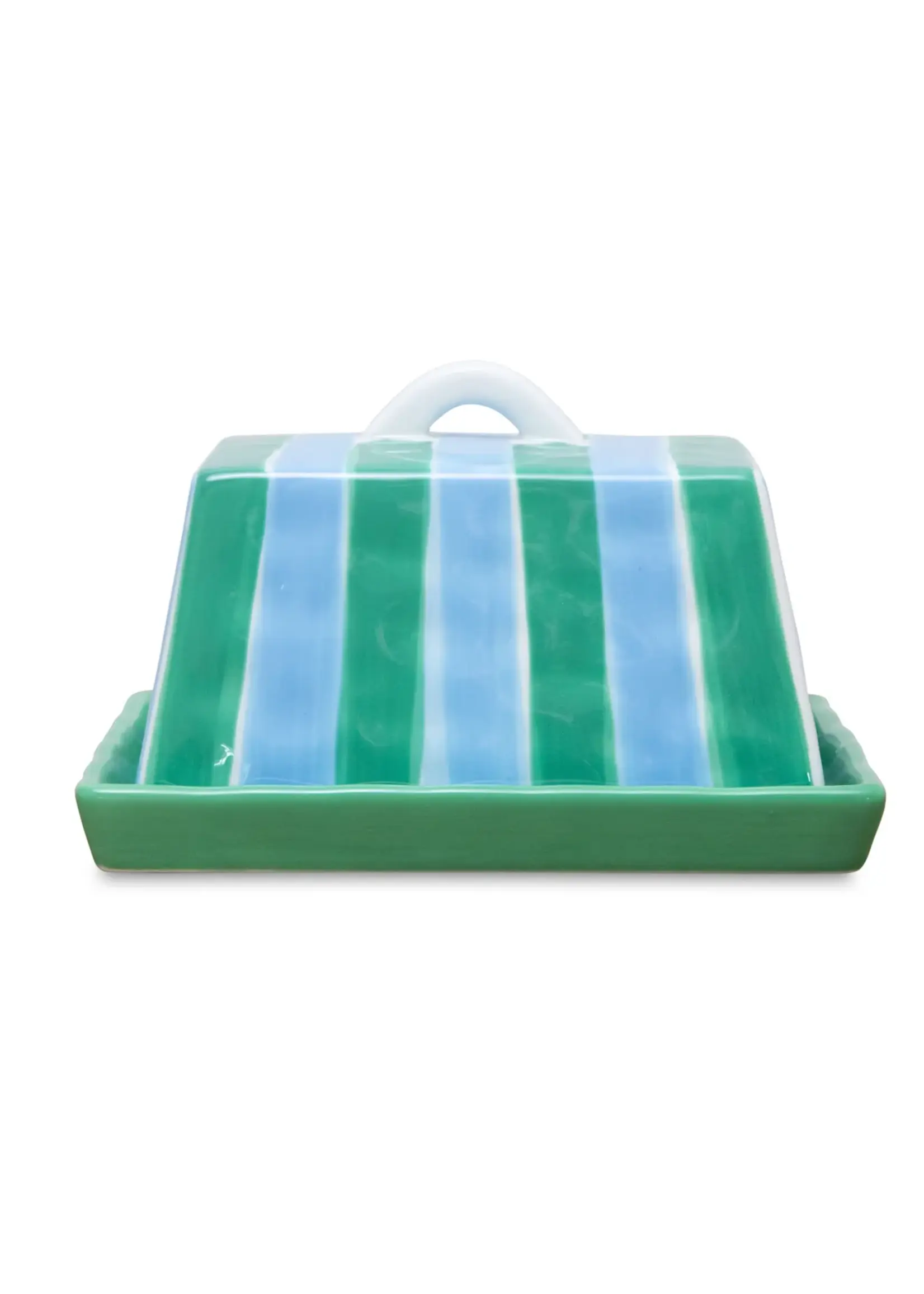 Large Butter Dish - Cornflower Blue & Green Stripe
