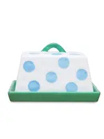 Large Butter Dish - Blue Dots with Green Handle & Tray