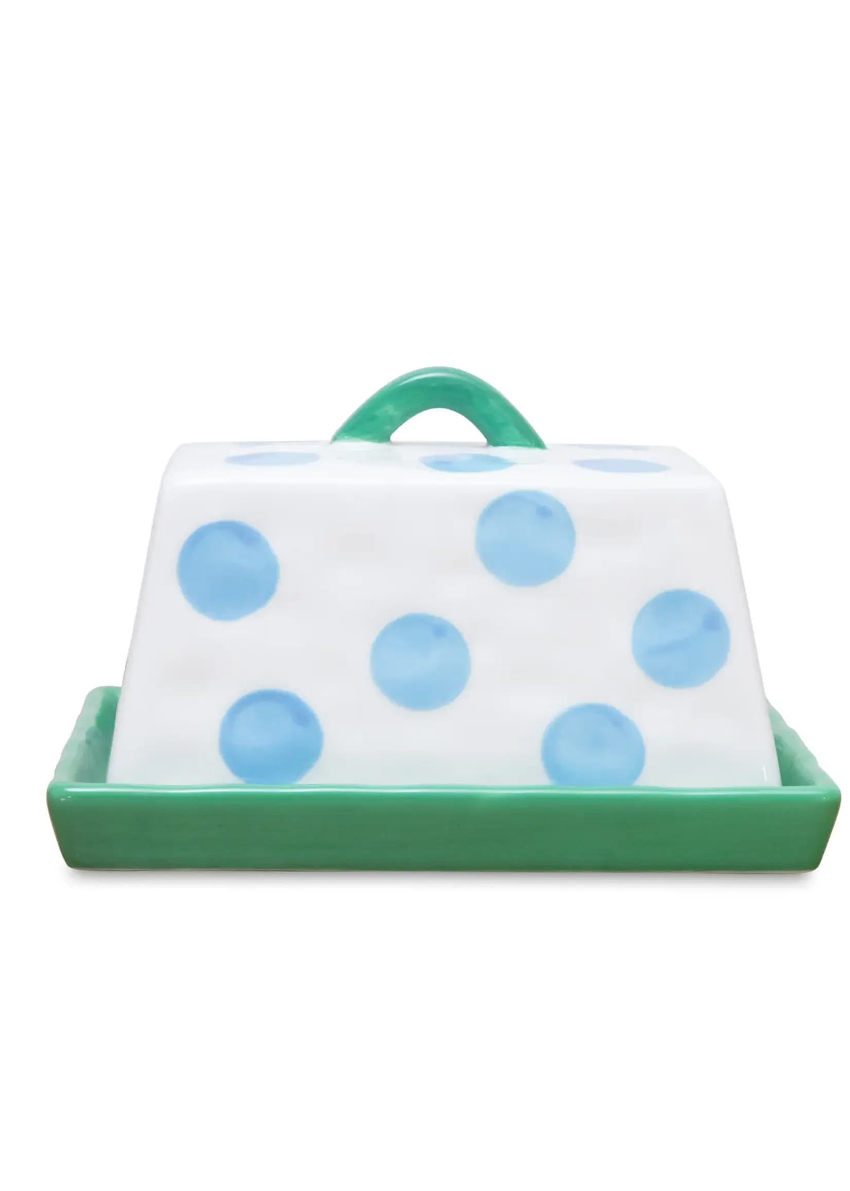 Large Butter Dish - Blue Dots with Green Handle & Tray
