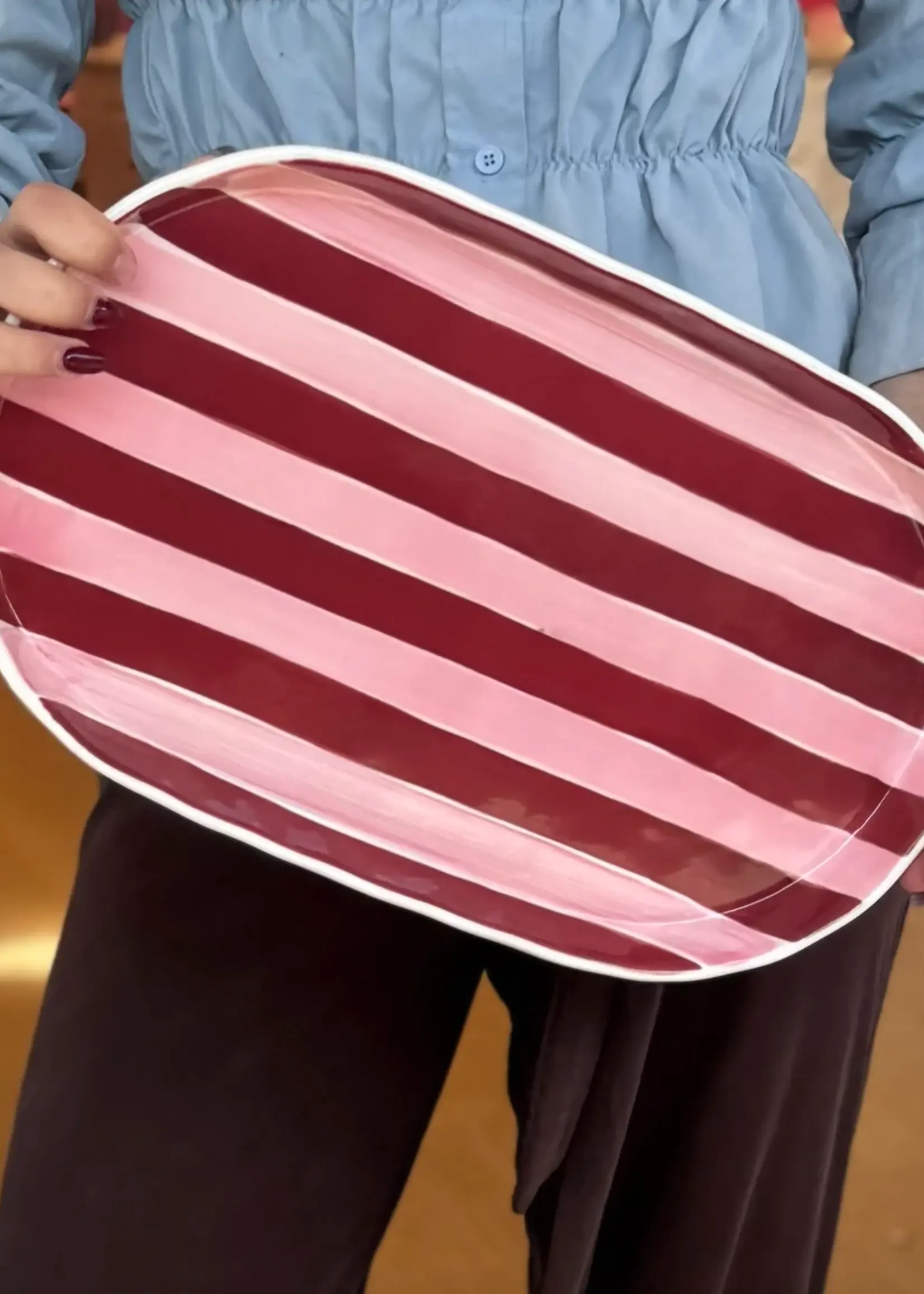 Noss and Co Oval Platter - Pink & Burgundy Stripes