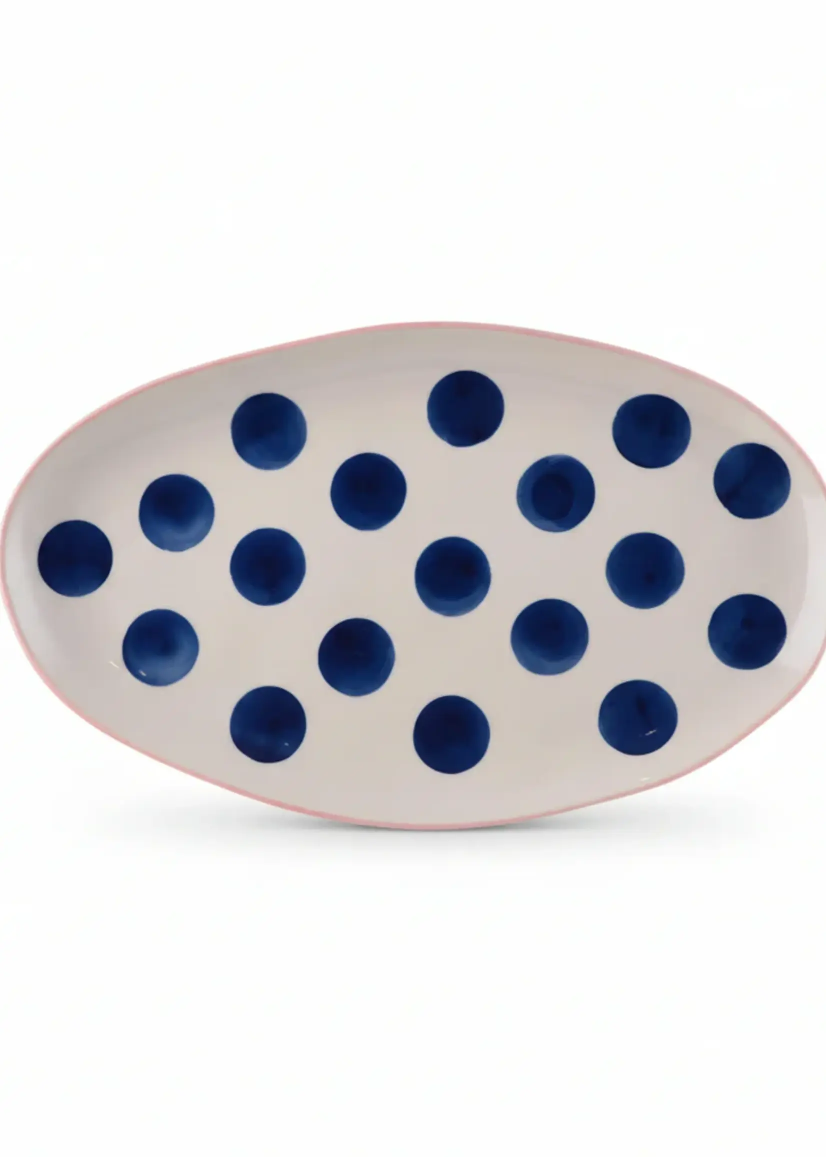 Small Oval Platter - Pink Rim and Navy Dots