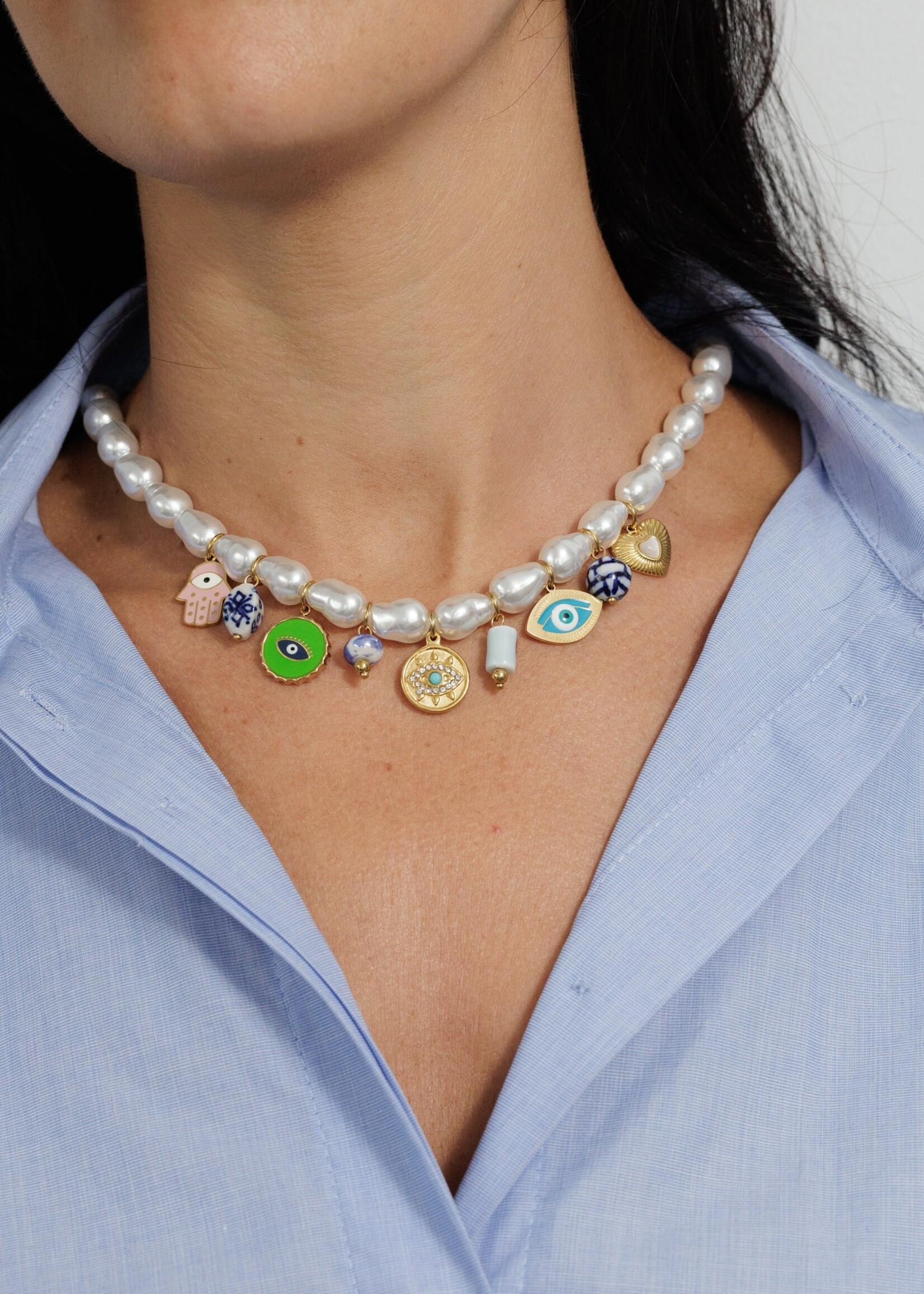 Zoda Pearl Charm Necklace Evil Eye