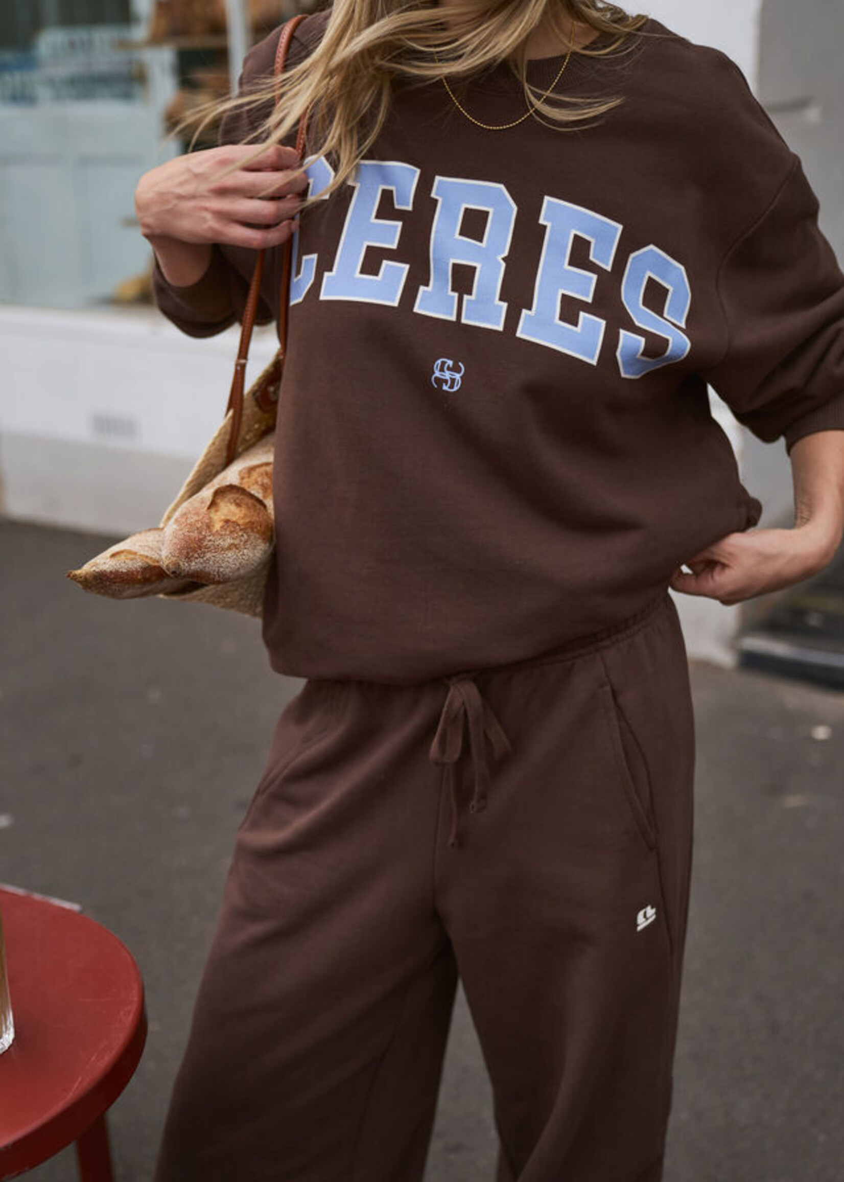 Ceres Life Isla Oversized Slouchy Crew/ Brunette Brown Buff Sky Blue Heritage Logo
