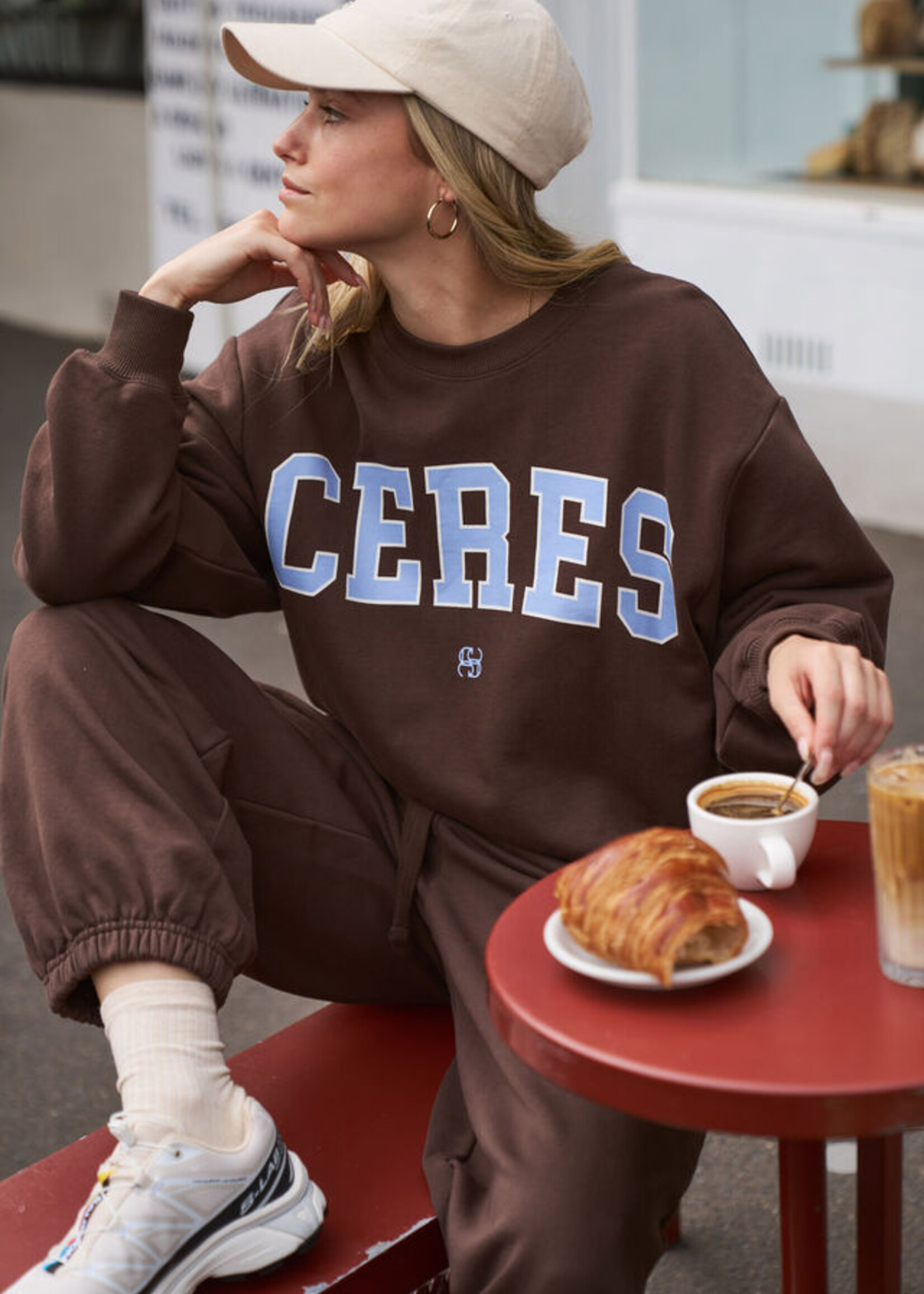 Ceres Life Isla Oversized Slouchy Crew/ Brunette Brown Buff Sky Blue Heritage Logo