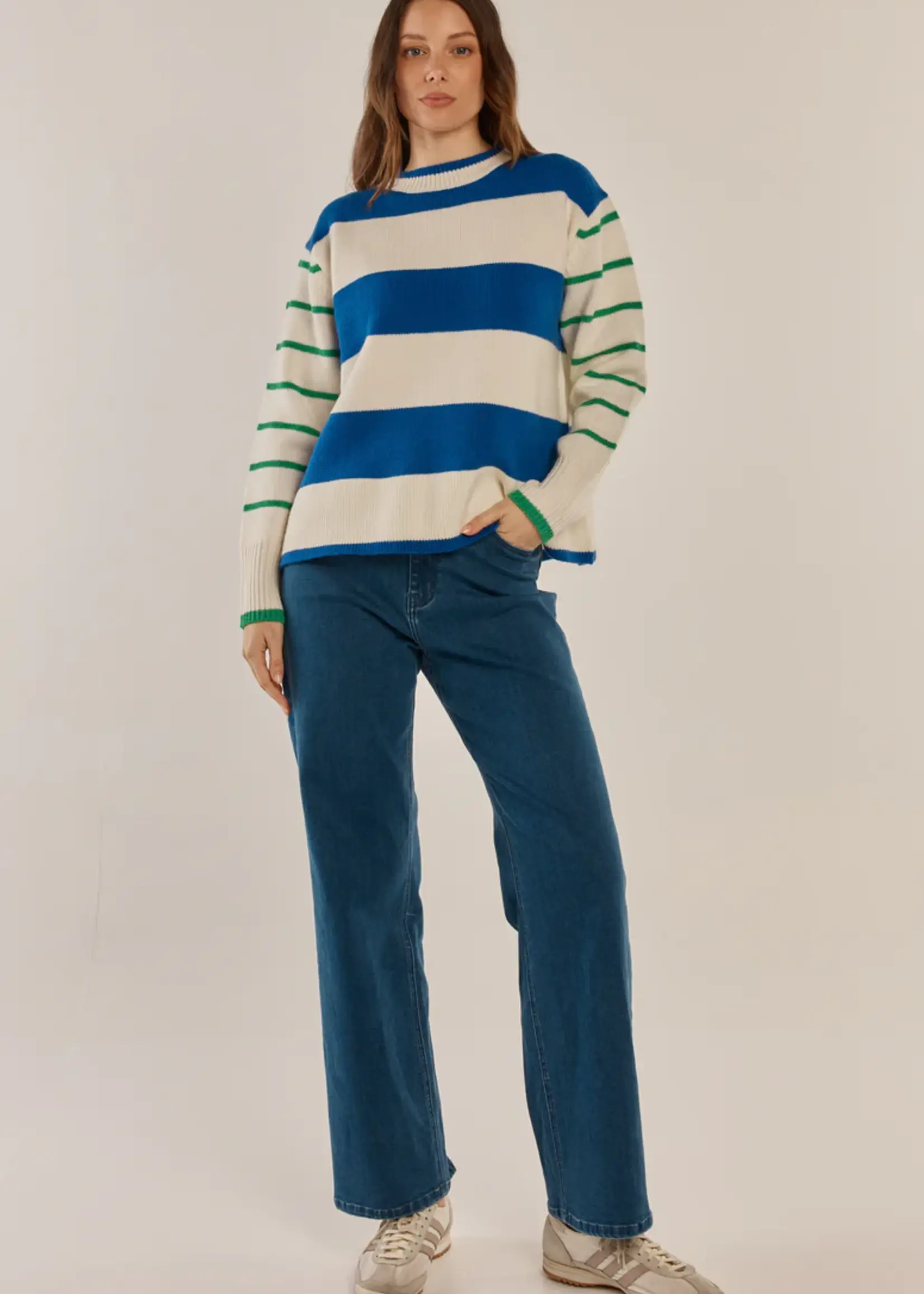 Betty Basic Camryn Knit Sweater - Blue/Green Stripe