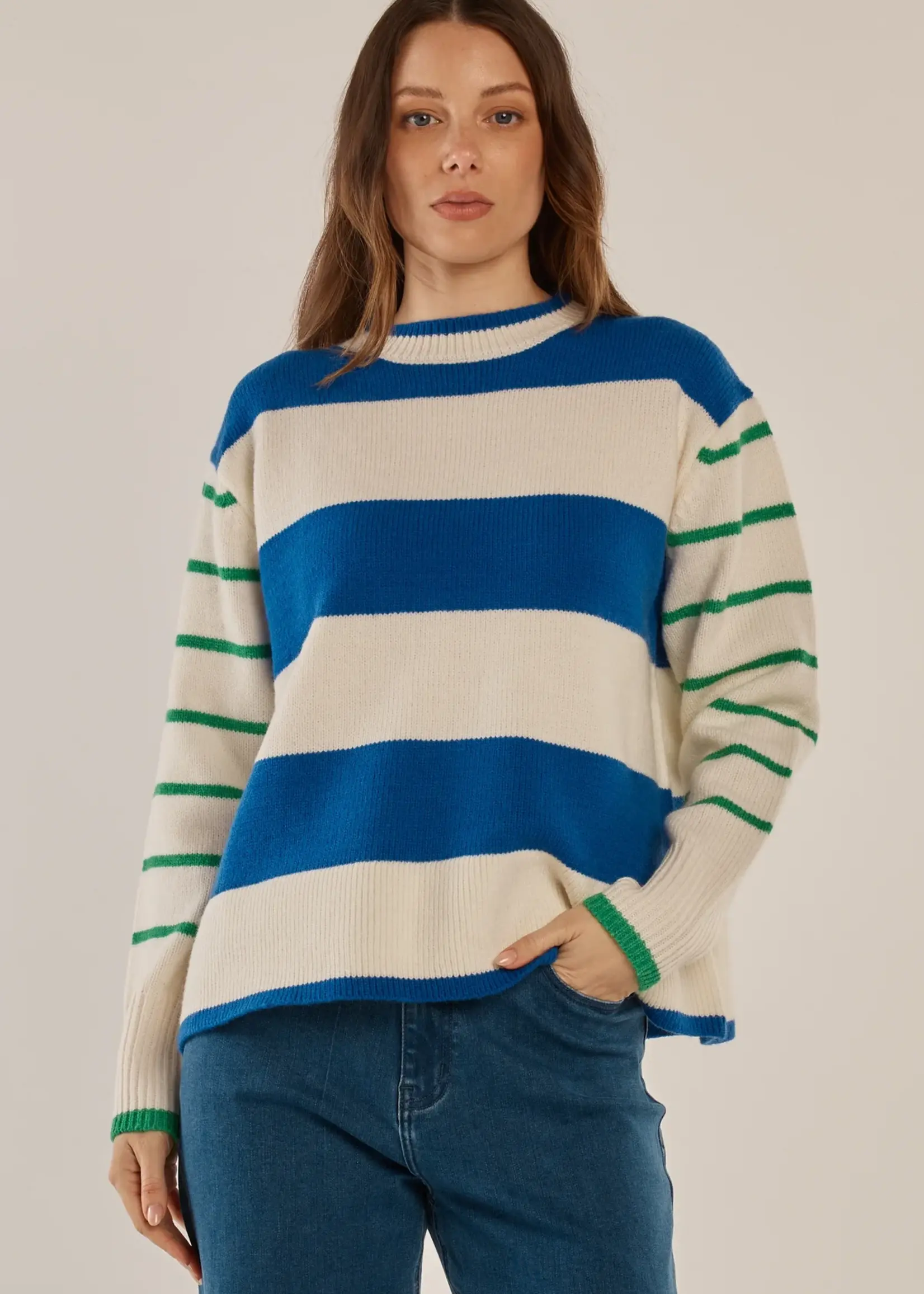 Betty Basic Camryn Knit Sweater - Blue/Green Stripe