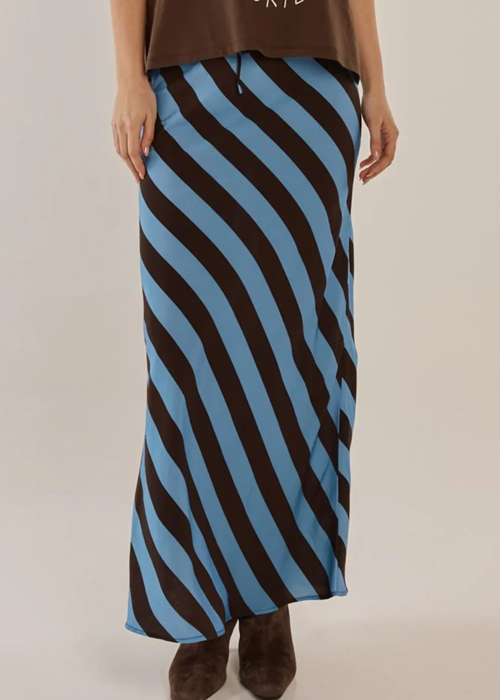Betty Basic Bec Bias Skirt - Cornflower/Brown Stripe