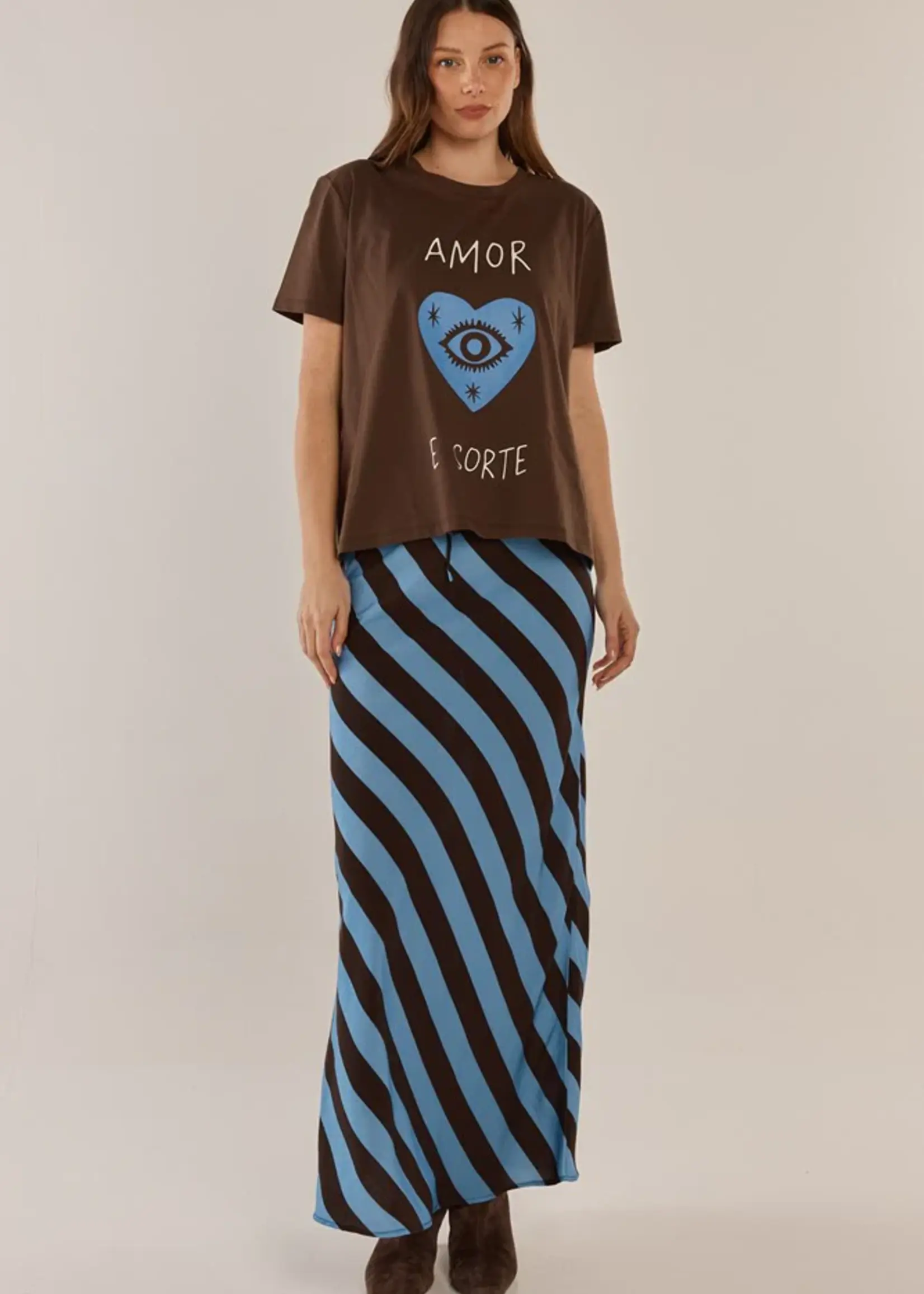 Betty Basic Bec Bias Skirt - Cornflower/Brown Stripe