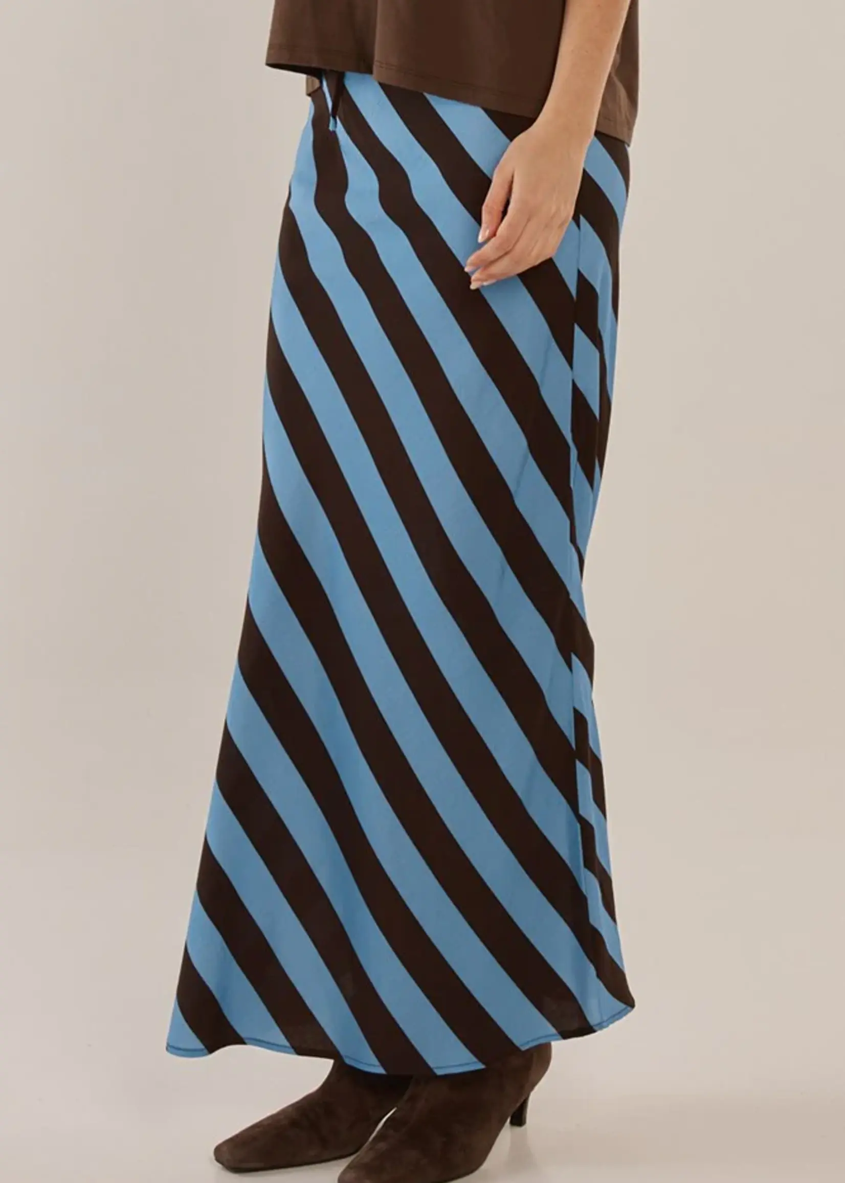 Betty Basic Bec Bias Skirt - Cornflower/Brown Stripe