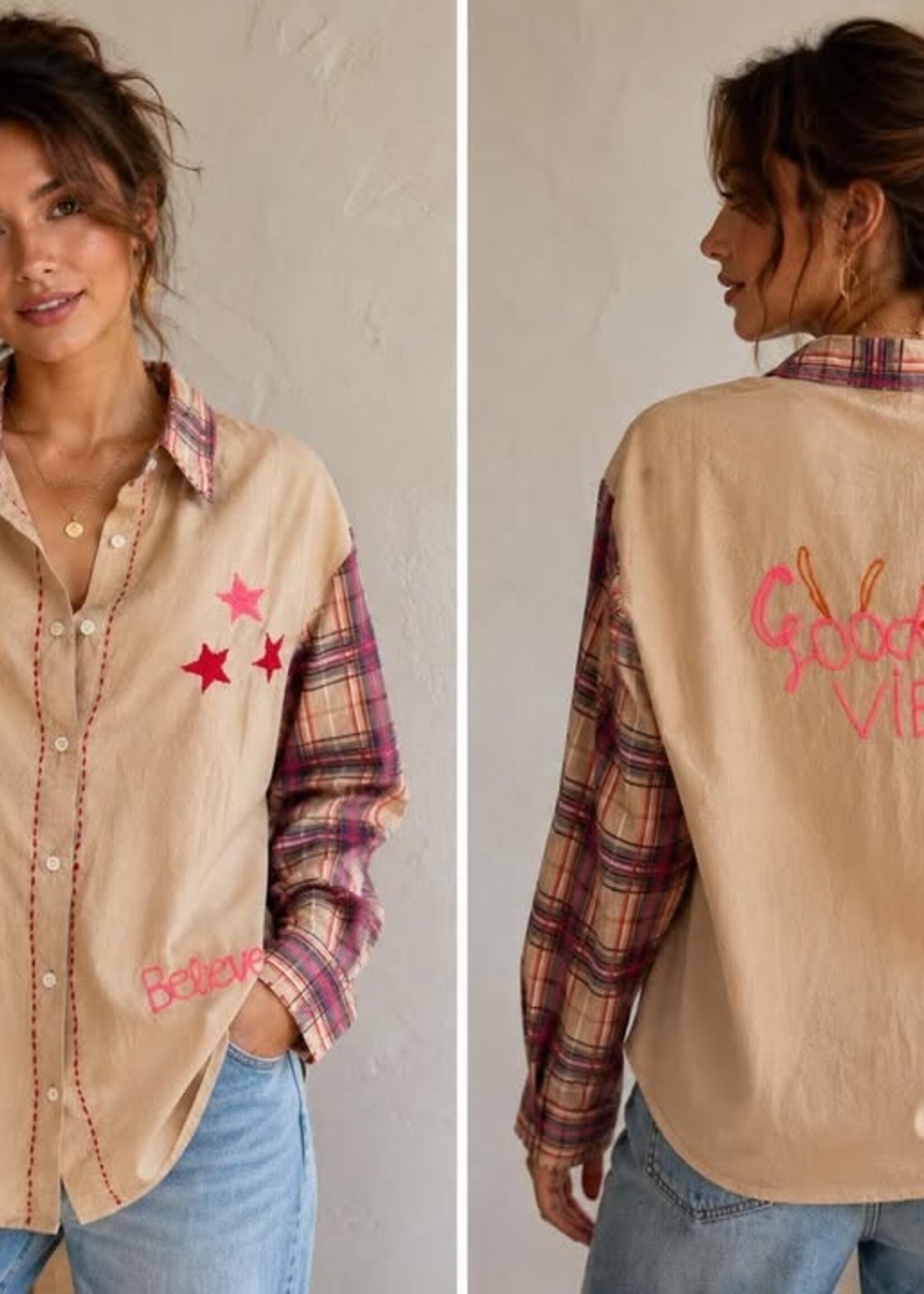Zoda Shirt - Beige with Check Sleeve  (KS/12001)