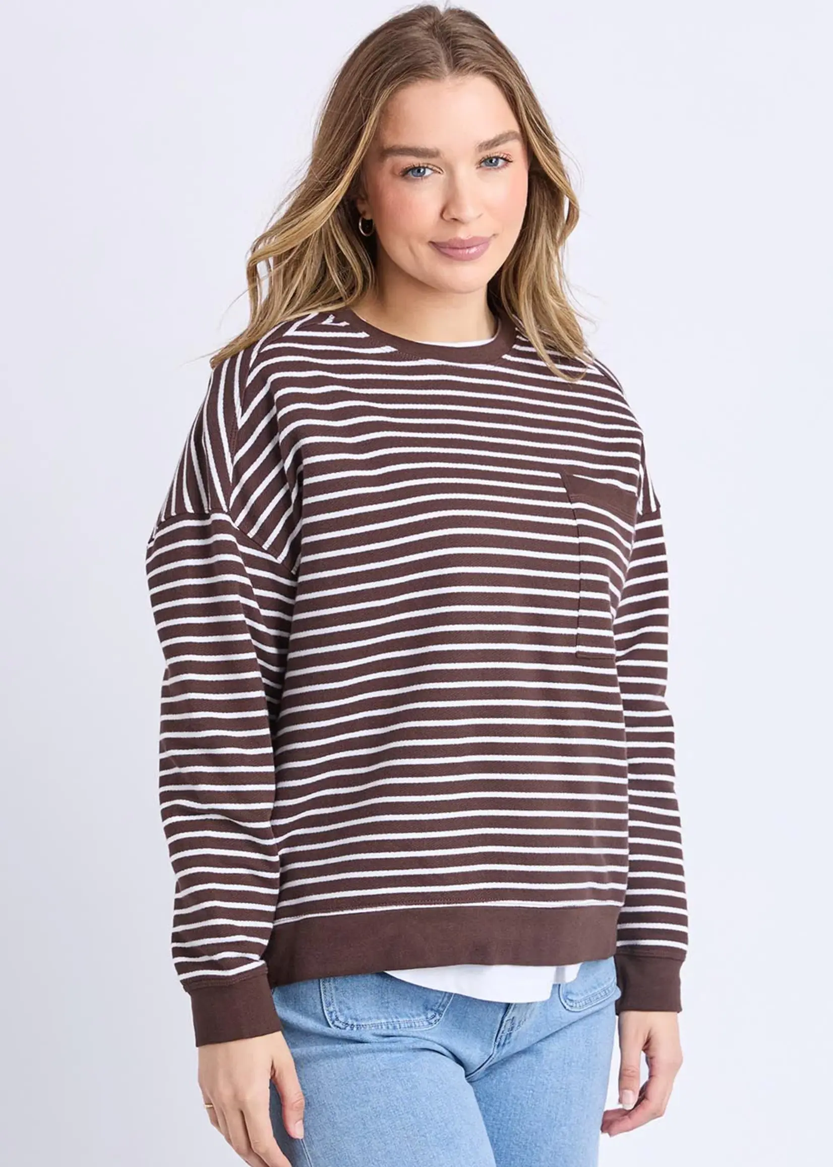 Foxwood Original Stripe Crew - Coffee