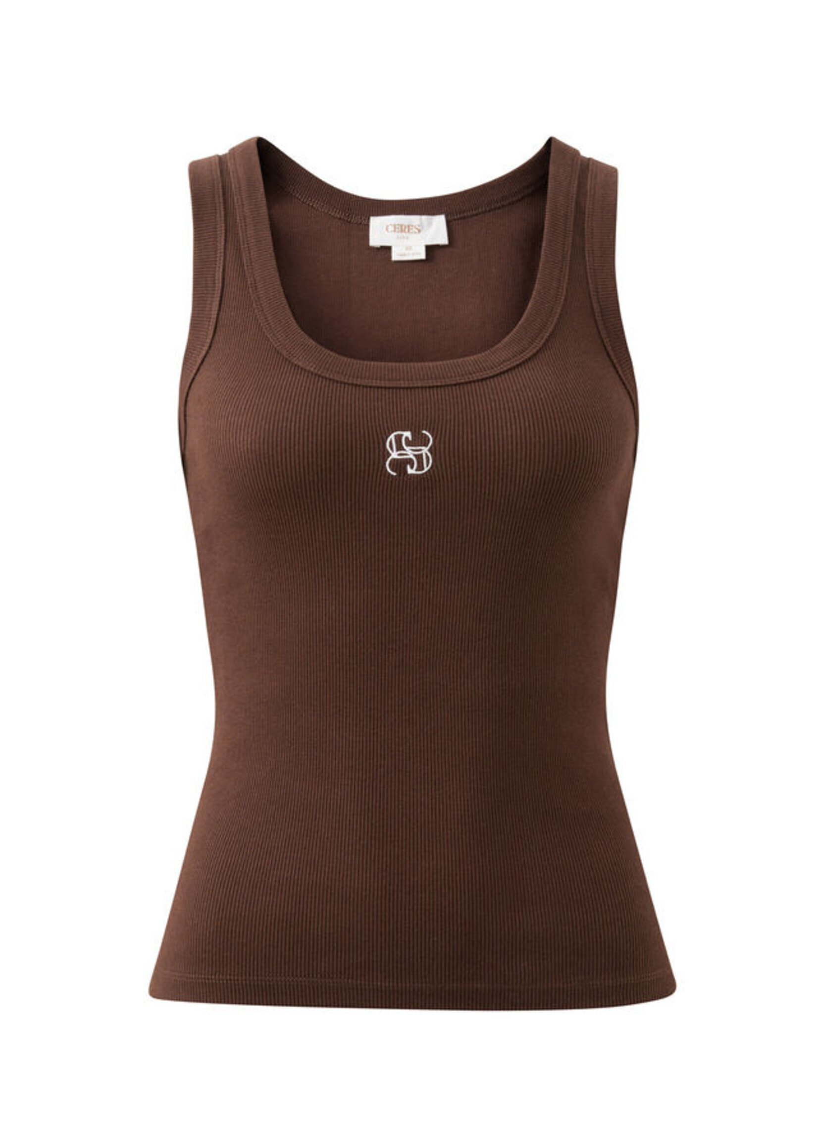 Ceres Life Zoe Contour Rib Scoop Tank -  Chocolate/Monogram Embroidery