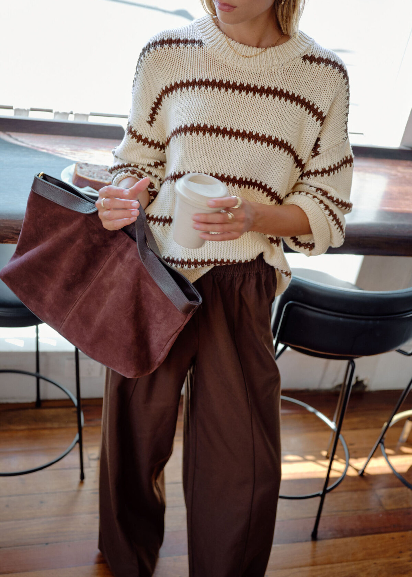 Ceres Life Lila Oversized Knit Crew  Ecru Stripe