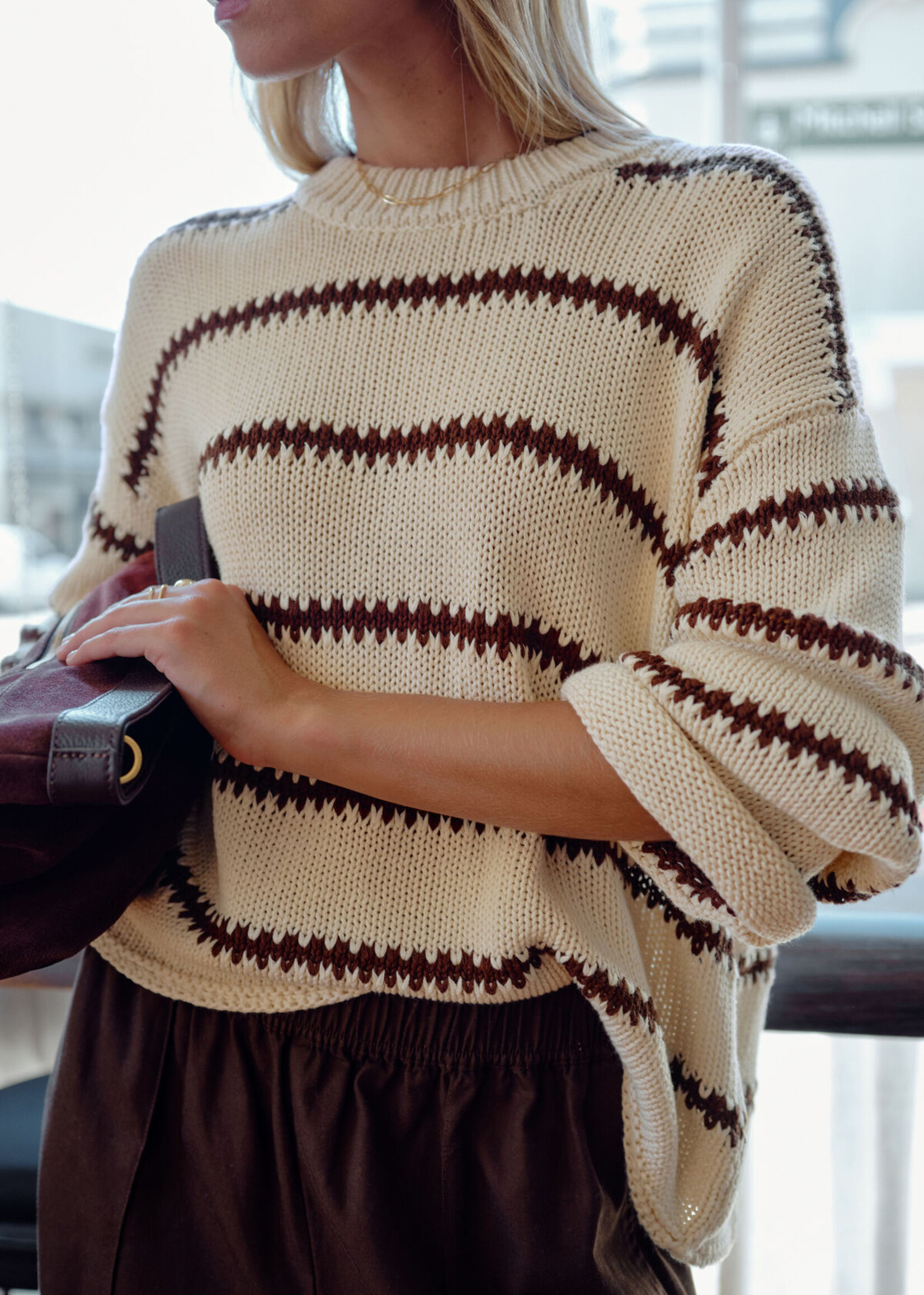 Ceres Life Lila Oversized Knit Crew  Ecru Stripe
