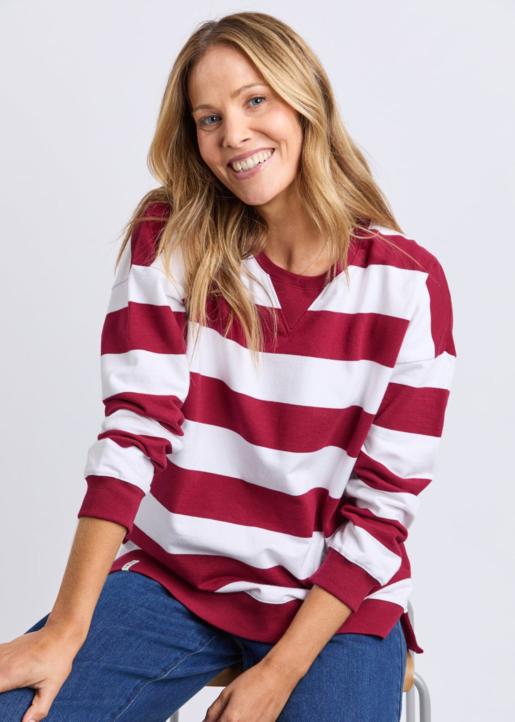 Elm Lifestyle Billie Block Stripe Crew -Marroon/White