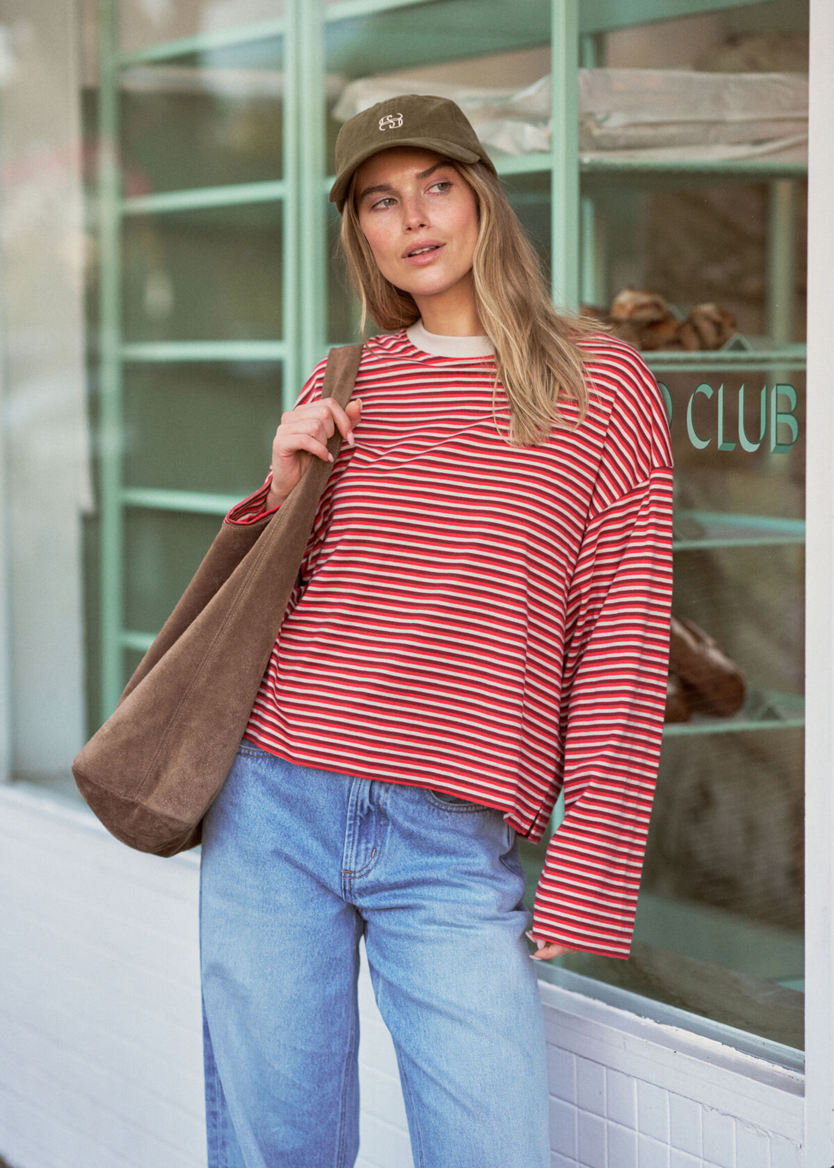 Ceres Life Beau Long Sleeve Slouchy Tee - Mulberry/Red/Stone Stripe