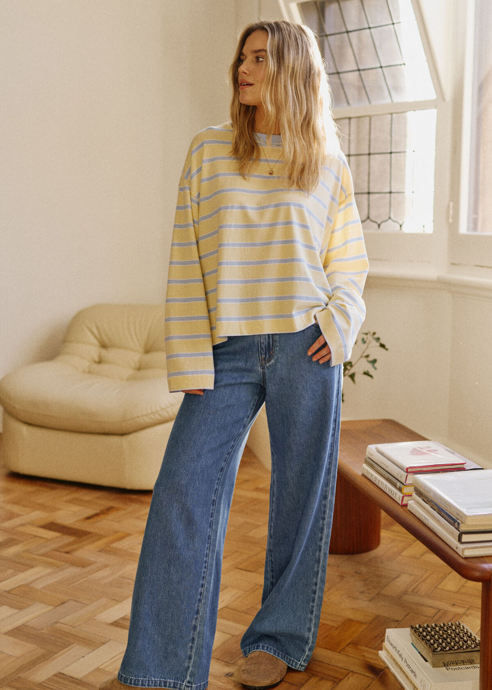 Ceres Life Beau Long Sleeve Slouchy Tee - Butter/China Blue stripe