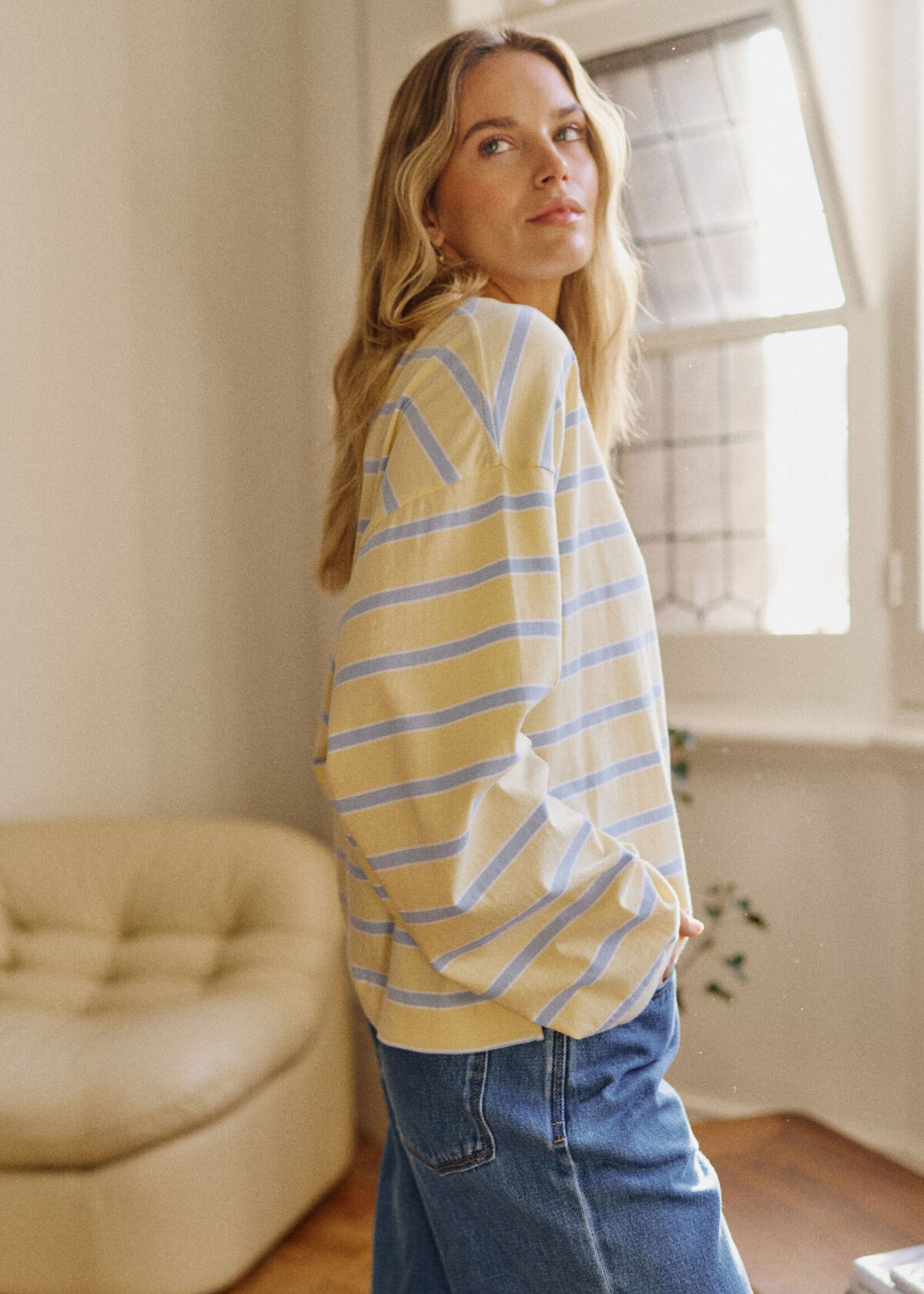 Ceres Life Beau Long Sleeve Slouchy Tee - Butter/China Blue stripe