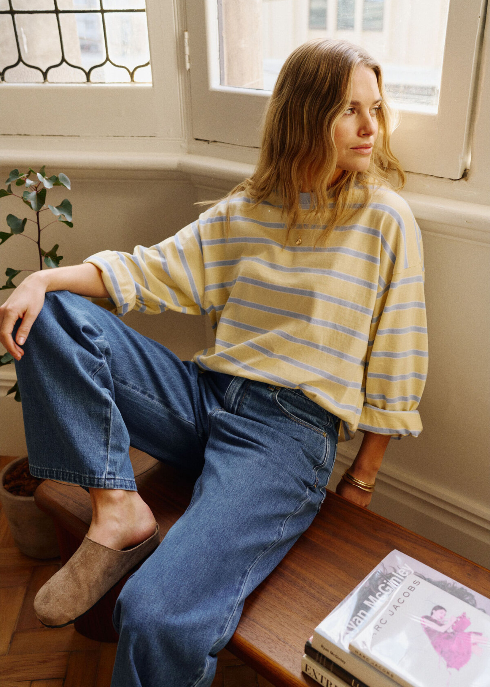Ceres Life Beau Long Sleeve Slouchy Tee - Butter/China Blue stripe