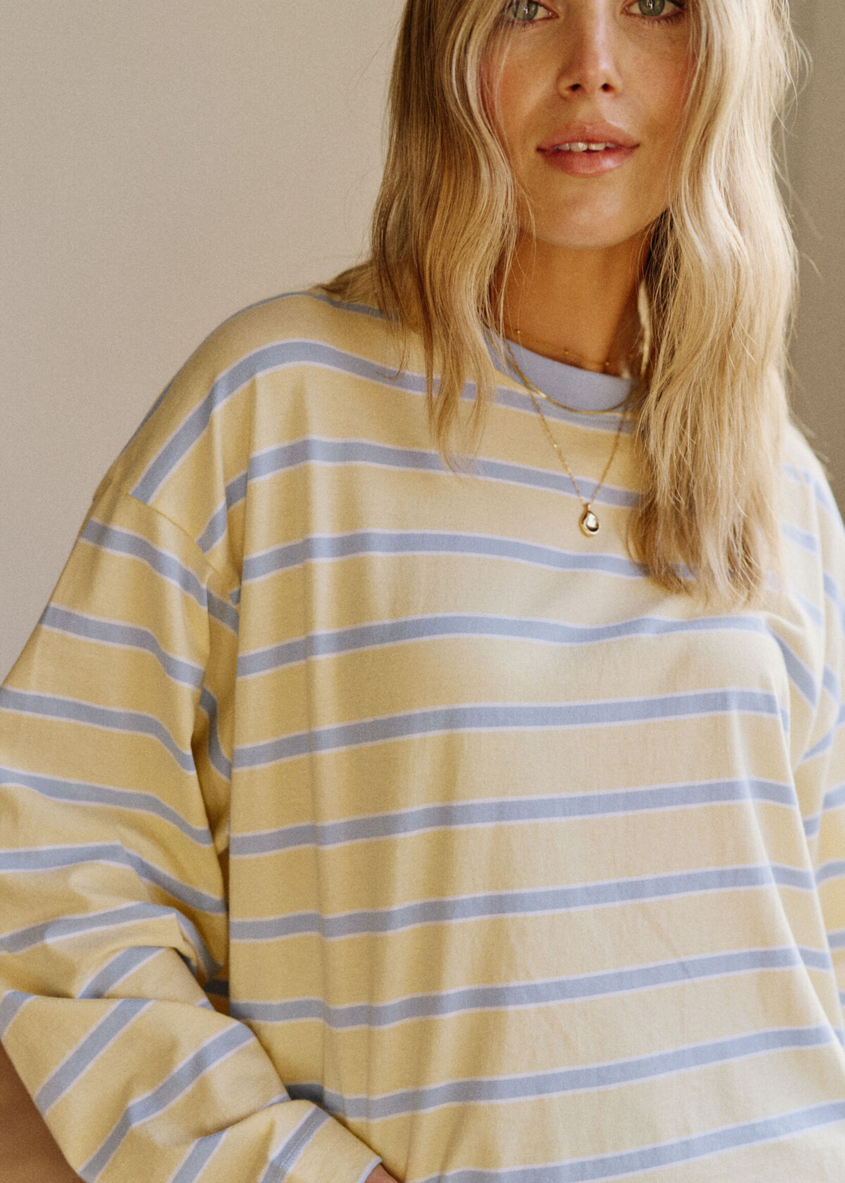 Ceres Life Beau Long Sleeve Slouchy Tee - Butter/China Blue stripe