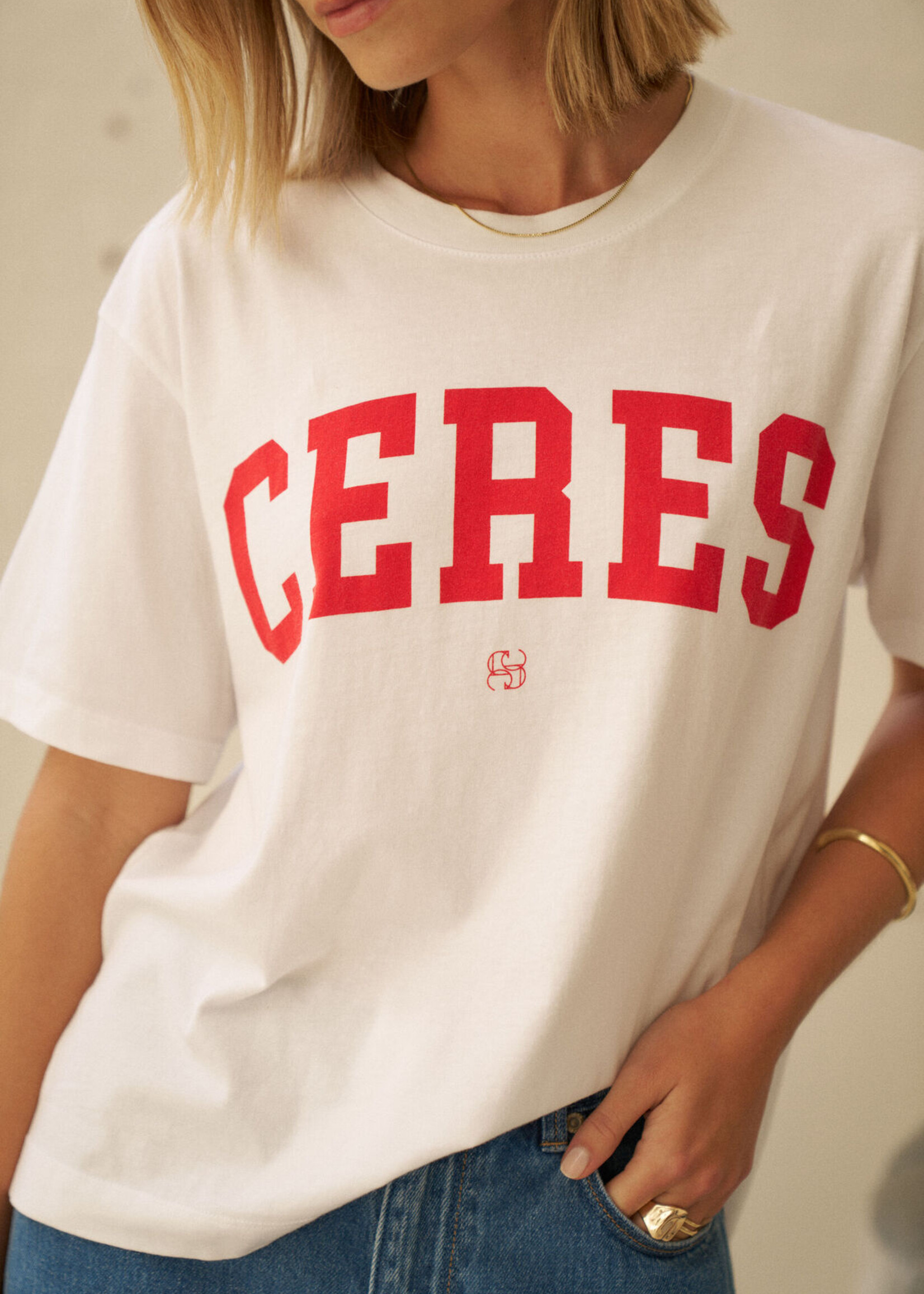 Ceres Life Stevie Slouchy Tee - White Chilli Red Varsity