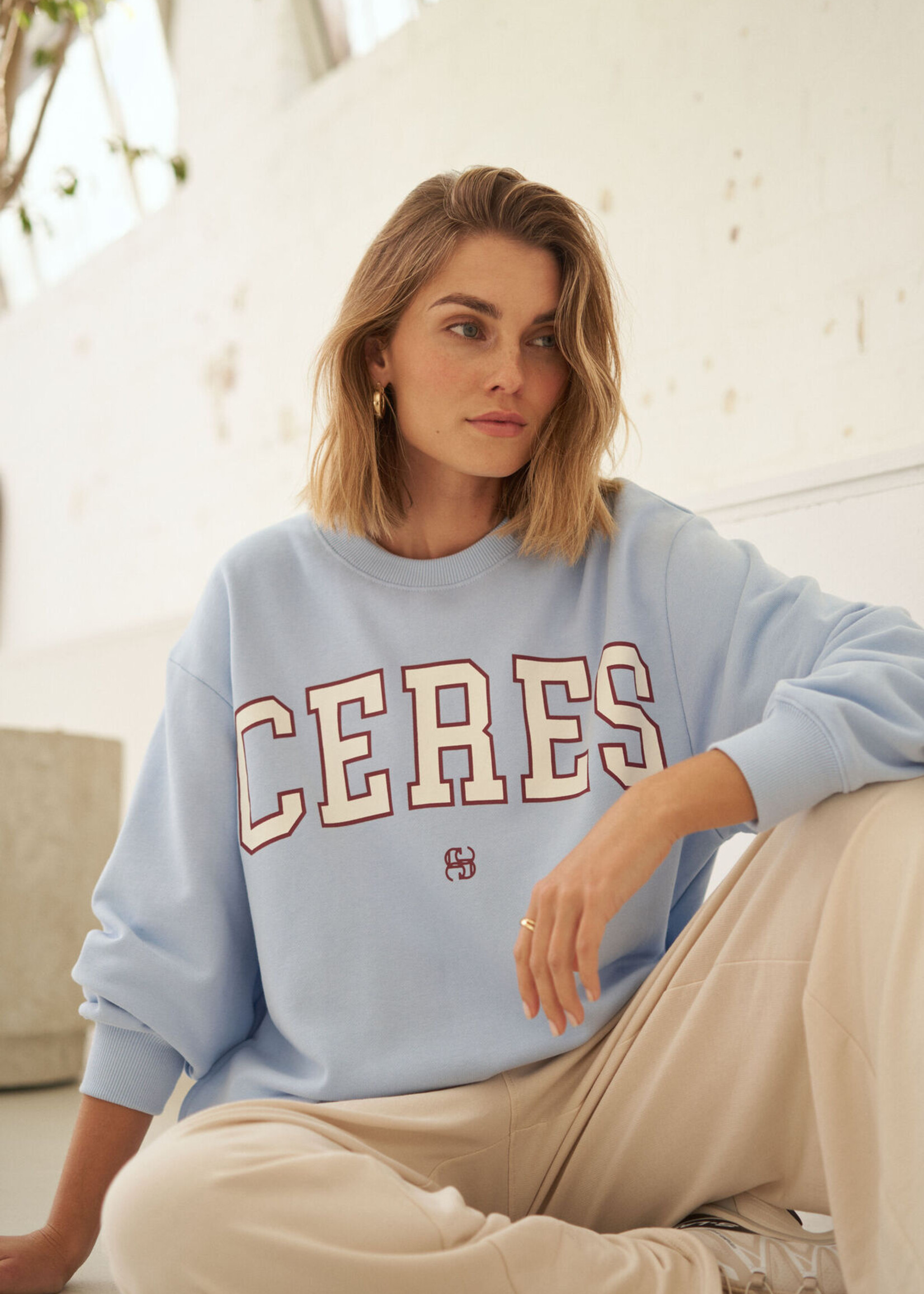 Ceres Life Isla Oversized Slouchy Crew - China Blue/Mulberry Heritage Outline