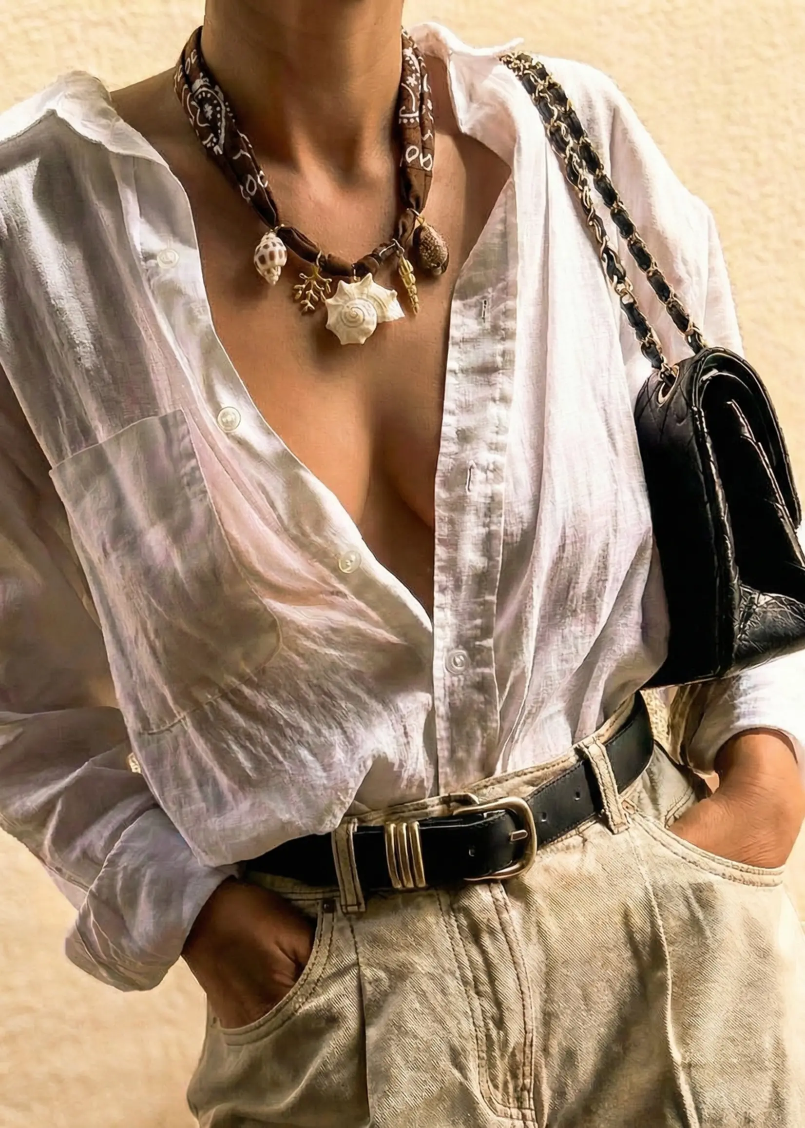 Goupi Brown Bandana Scarf Shell Necklace