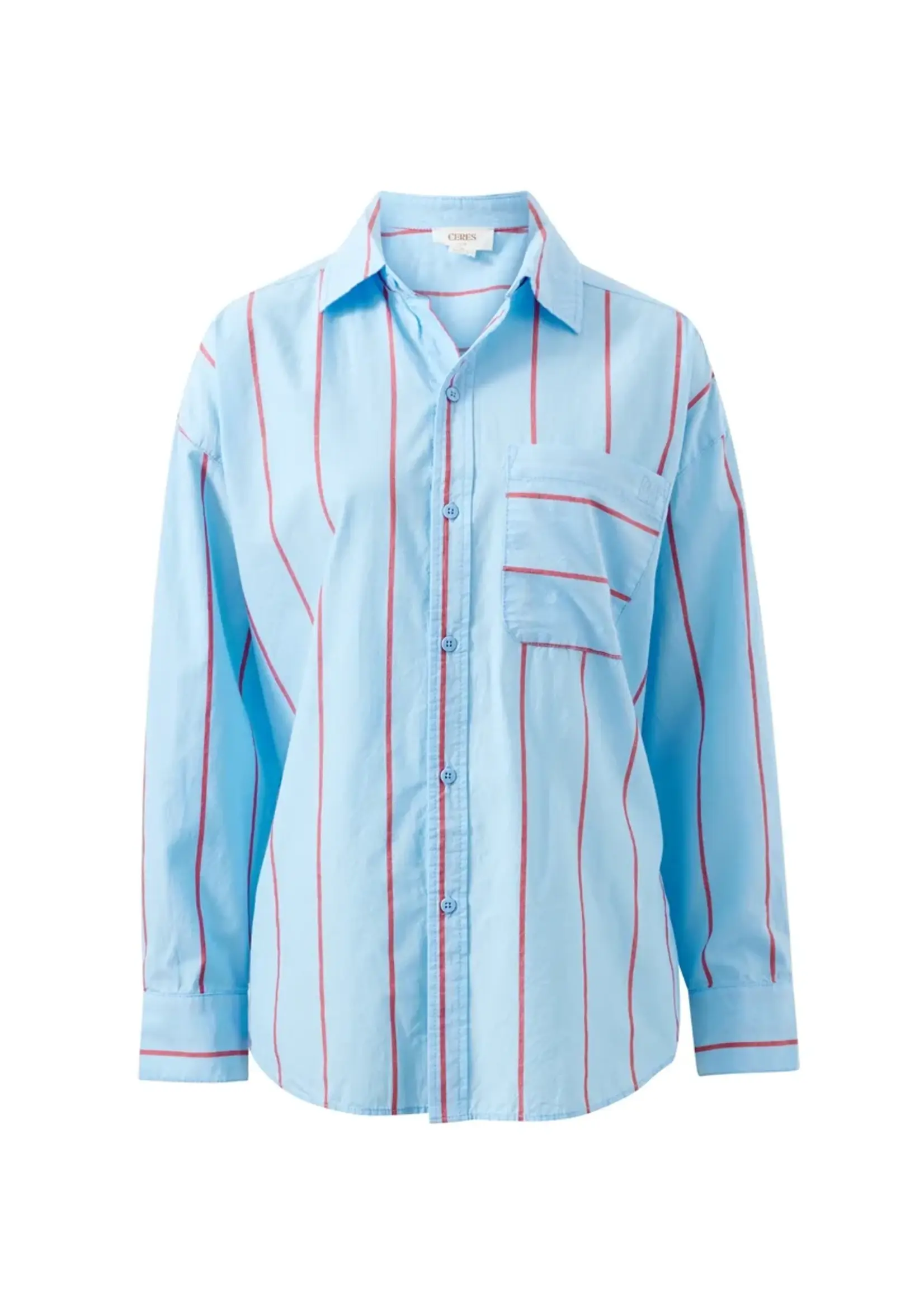 Ceres Life Peta Oversized Shirt - Fresh Blue/Red Bold Stripe