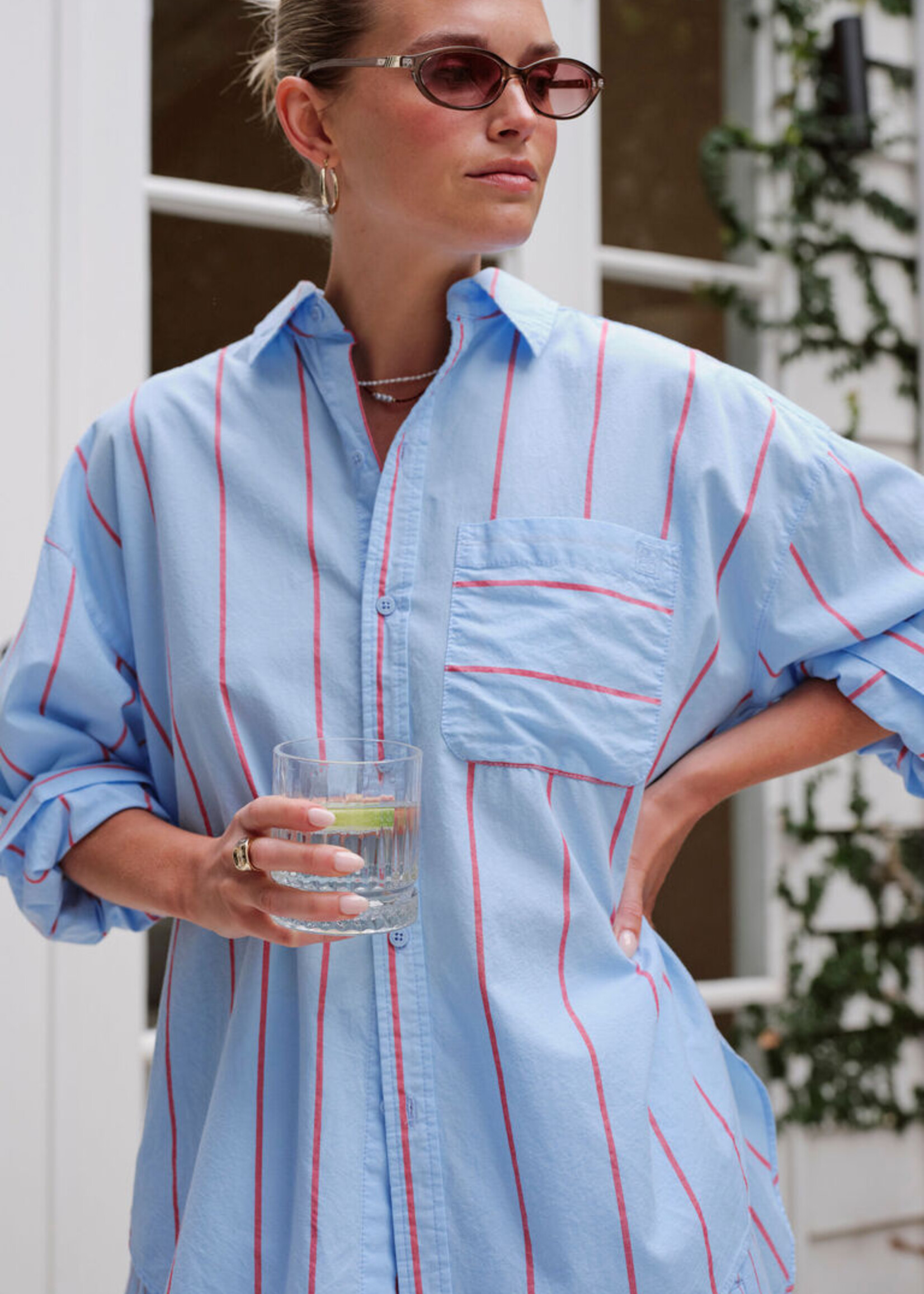 Ceres Life Peta Oversized Shirt - Fresh Blue/Red Bold Stripe