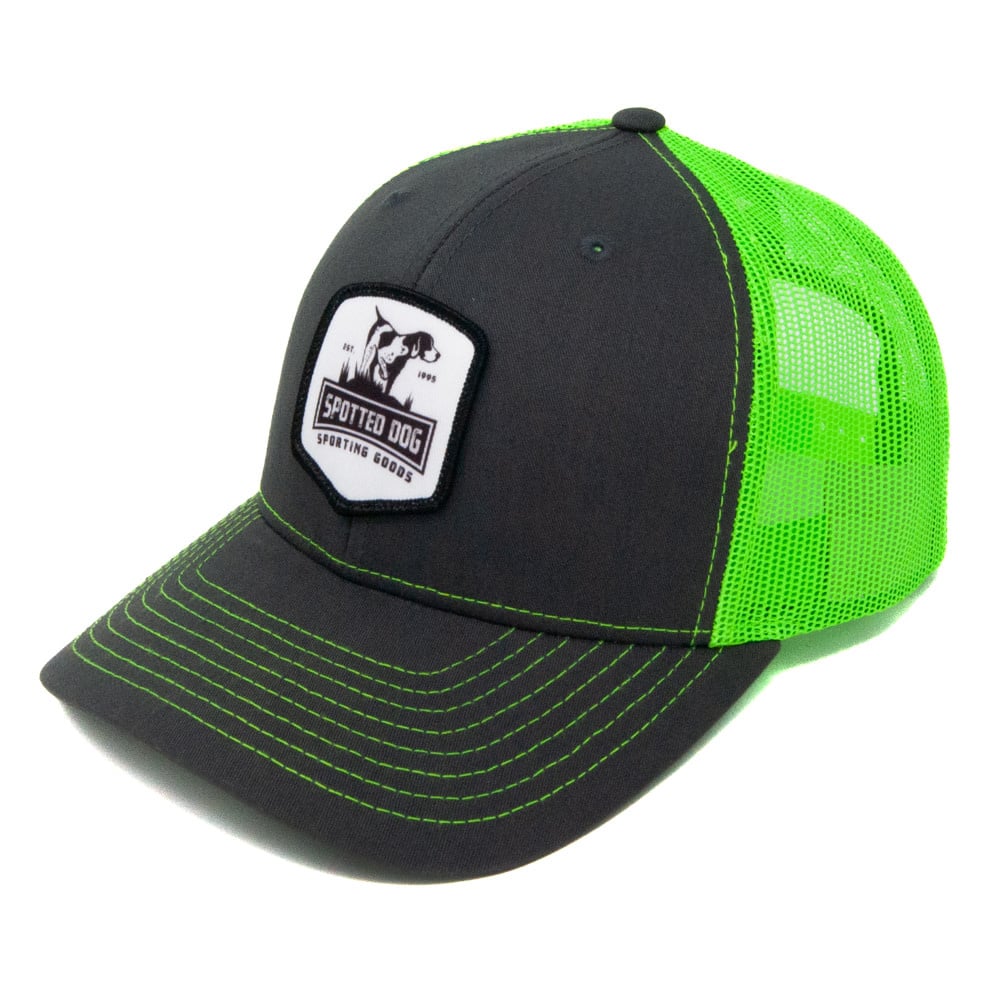 Fish Brand Logo Night Out Woven Patch Snapback Trucker Hat Dark Gray/Neon  Pink